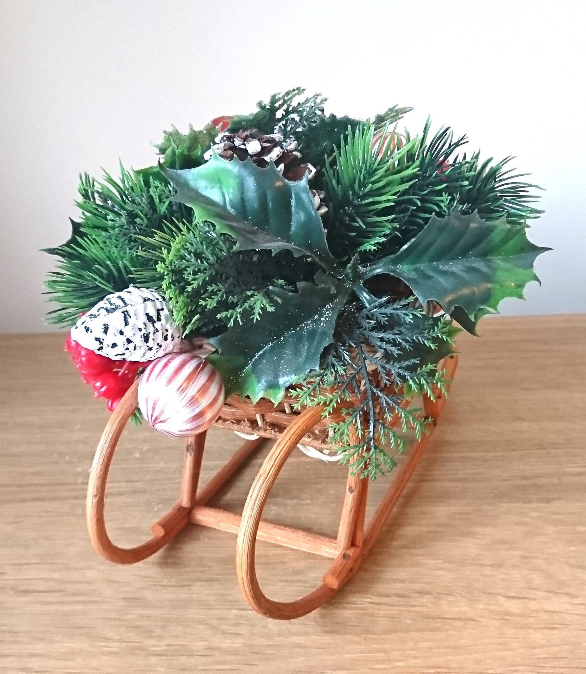 Vintage Christmas Wicker Sleigh Decoration, Floral Berry Bauble Basket