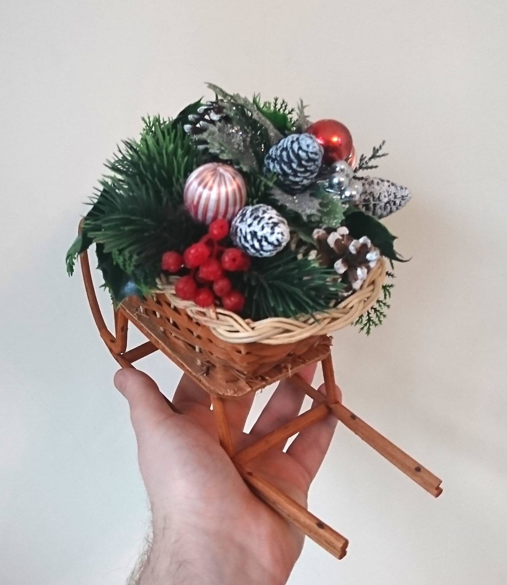 Vintage Christmas Wicker Sleigh Decoration, Floral Berry Bauble Basket