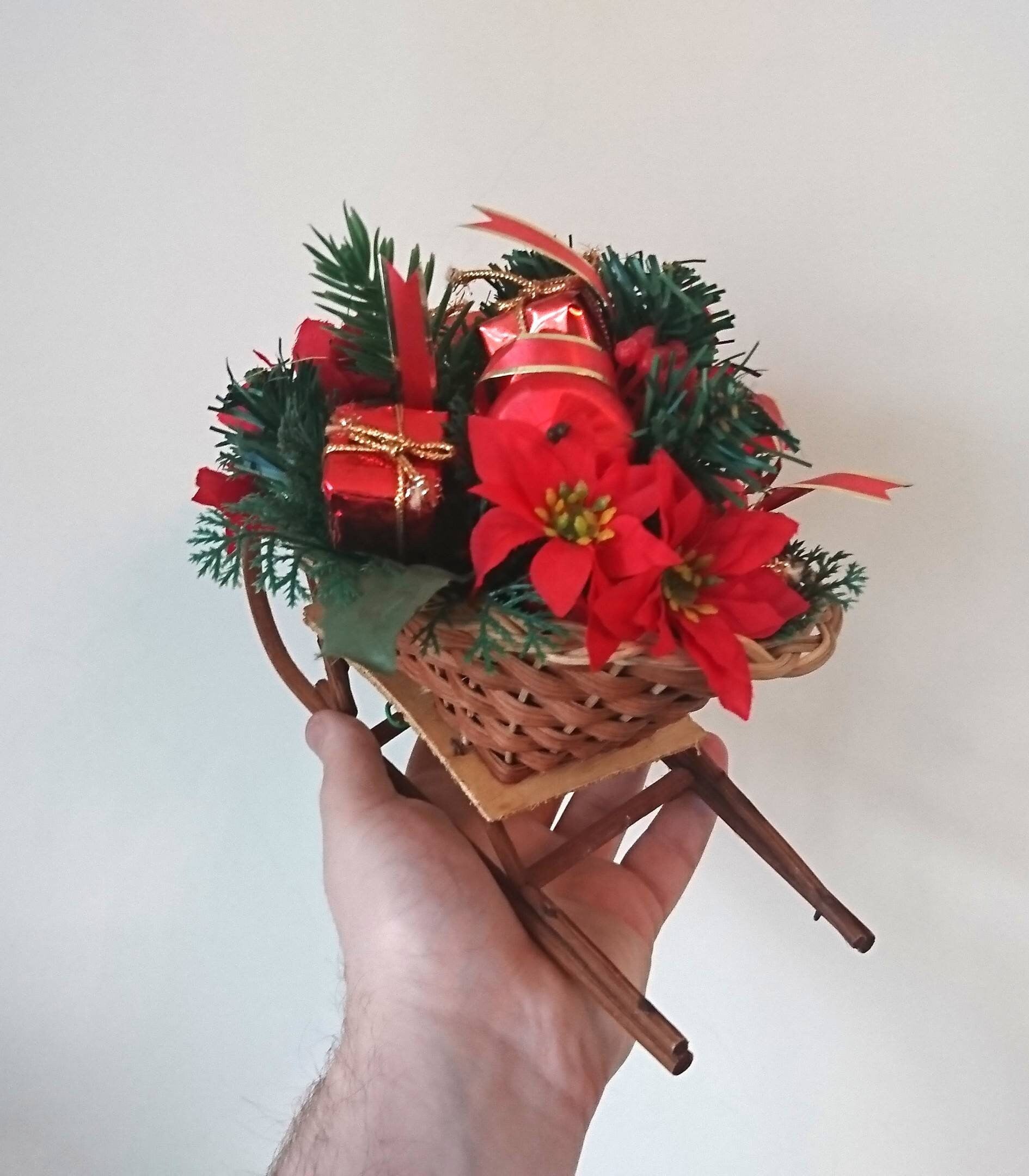 Vintage Floral Christmas Wicker Sleigh Decoration, Red Berries