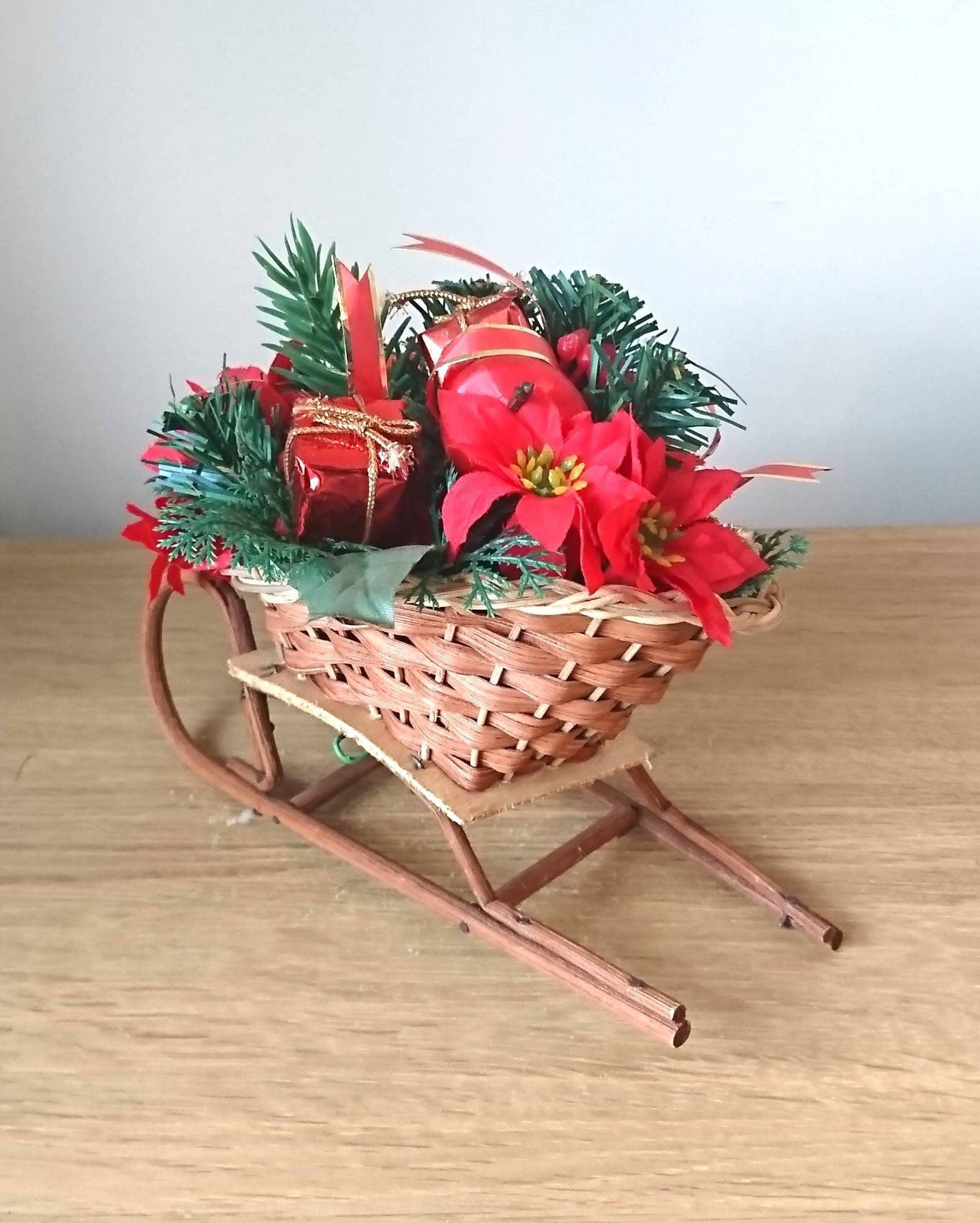 Vintage Floral Christmas Wicker Sleigh Decoration, Red Berries