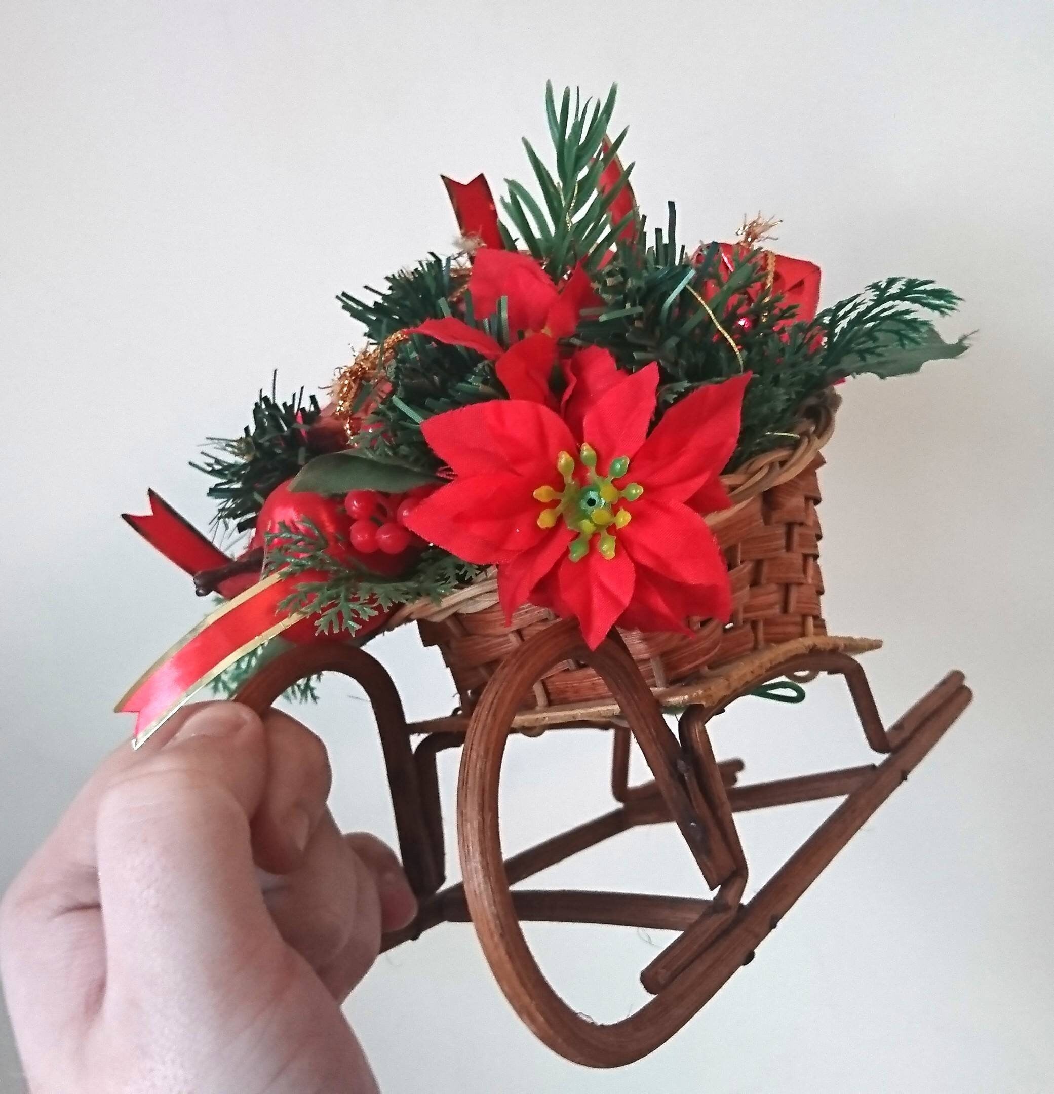Vintage Floral Christmas Wicker Sleigh Decoration, Red Berries