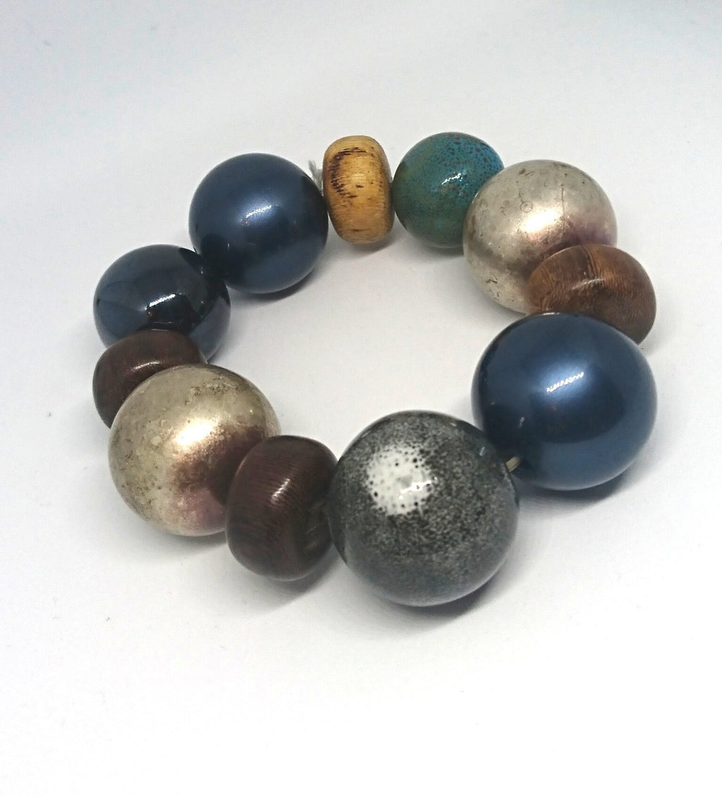 Vintage Chunky Beaded Bracelet, Wood, Ceramic, Lucite, Boho Style