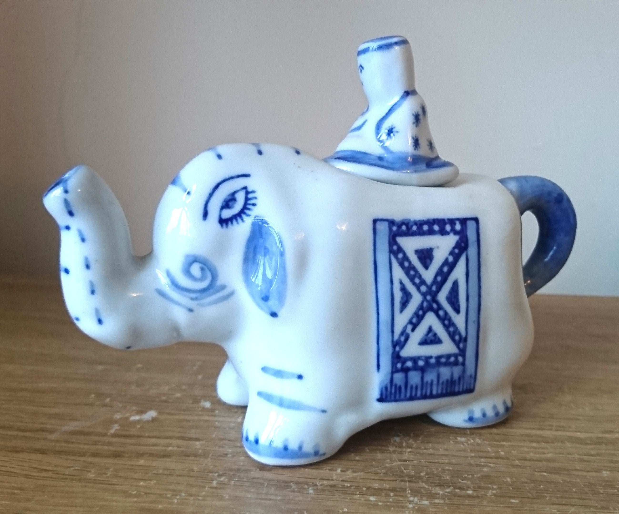 Vintage Blue and White Elephant Decorative Asian Elephant Novelty Ornamental Teapot Signed Ceramic