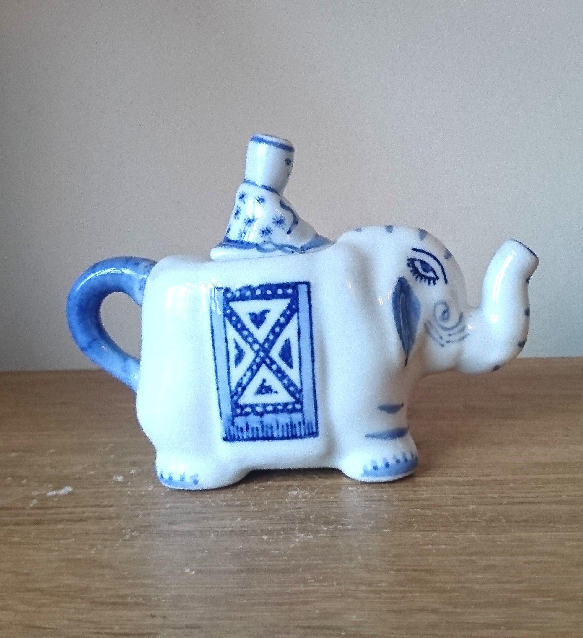 Vintage Blue and White Elephant Decorative Asian Elephant Novelty Ornamental Teapot Signed Ceramic