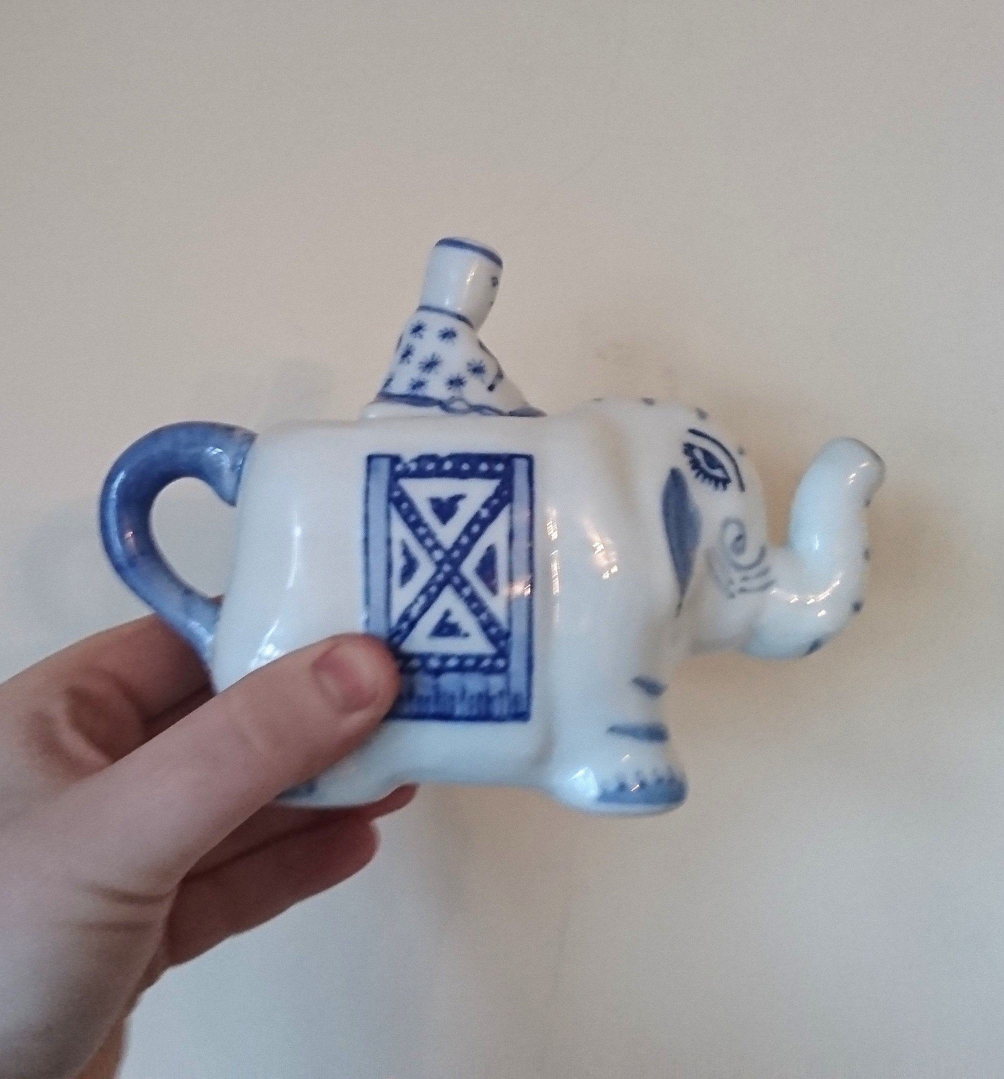 Vintage Blue and White Elephant Decorative Asian Elephant Novelty Ornamental Teapot Signed Ceramic