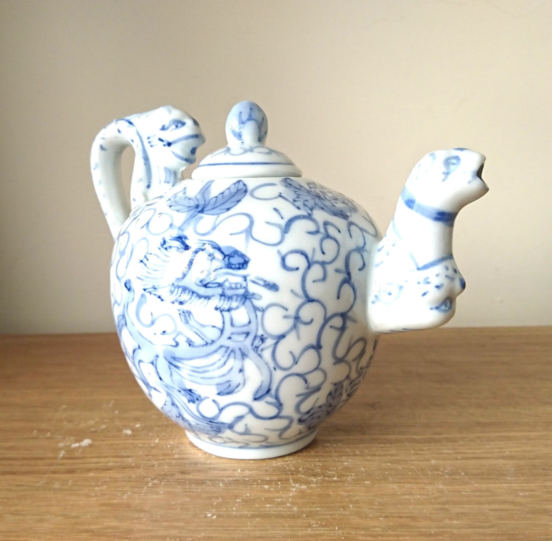 Vintage Blue and White Chinese Dragon Teapot, Hand-Painted Porcelain
