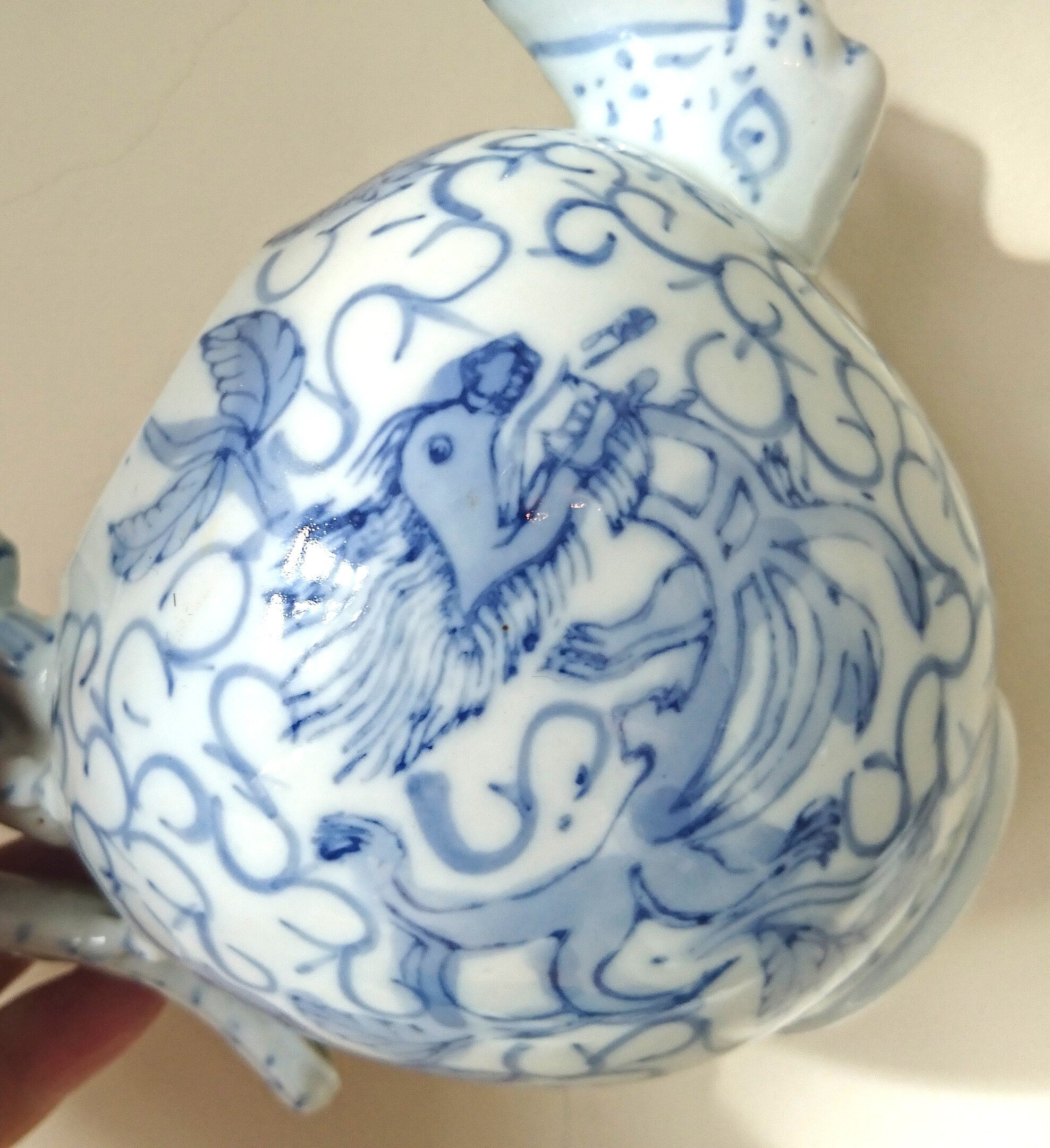 Vintage Blue and White Chinese Dragon Teapot, Hand-Painted Porcelain