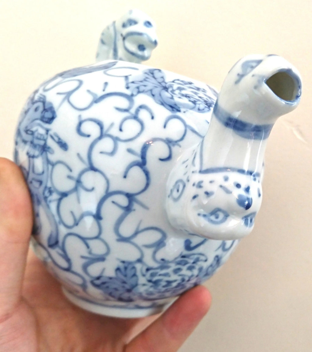 Vintage Blue and White Chinese Dragon Teapot, Hand-Painted Porcelain