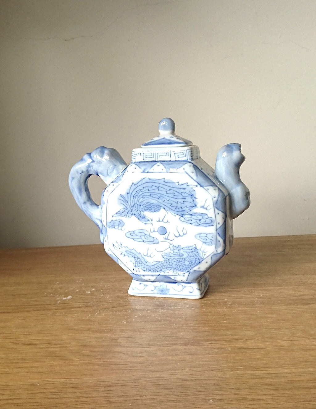 Vintage Blue & White Dragon Teapot, Oriental Ceramic Tea