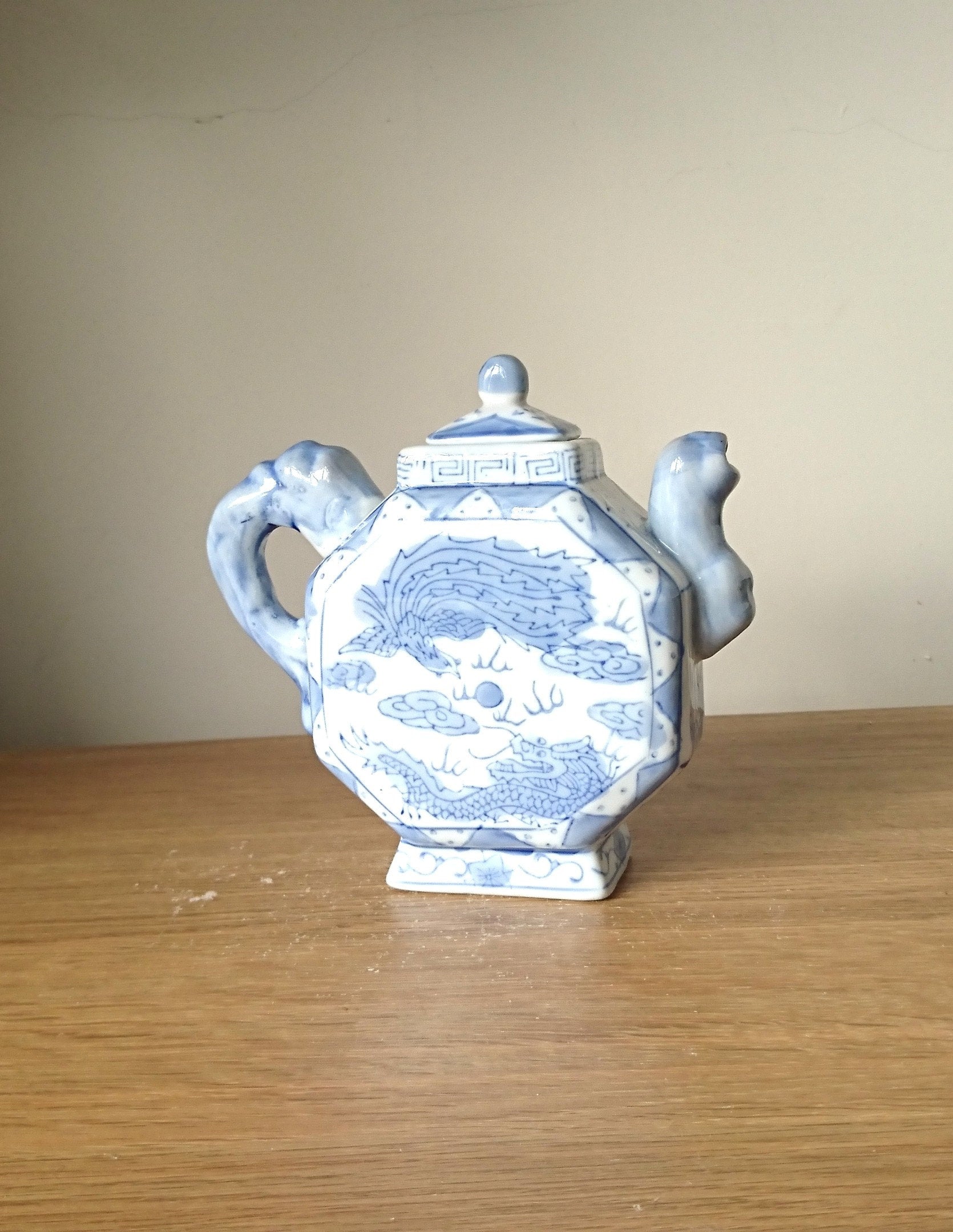Vintage Blue & White Dragon Teapot, Oriental Ceramic Tea