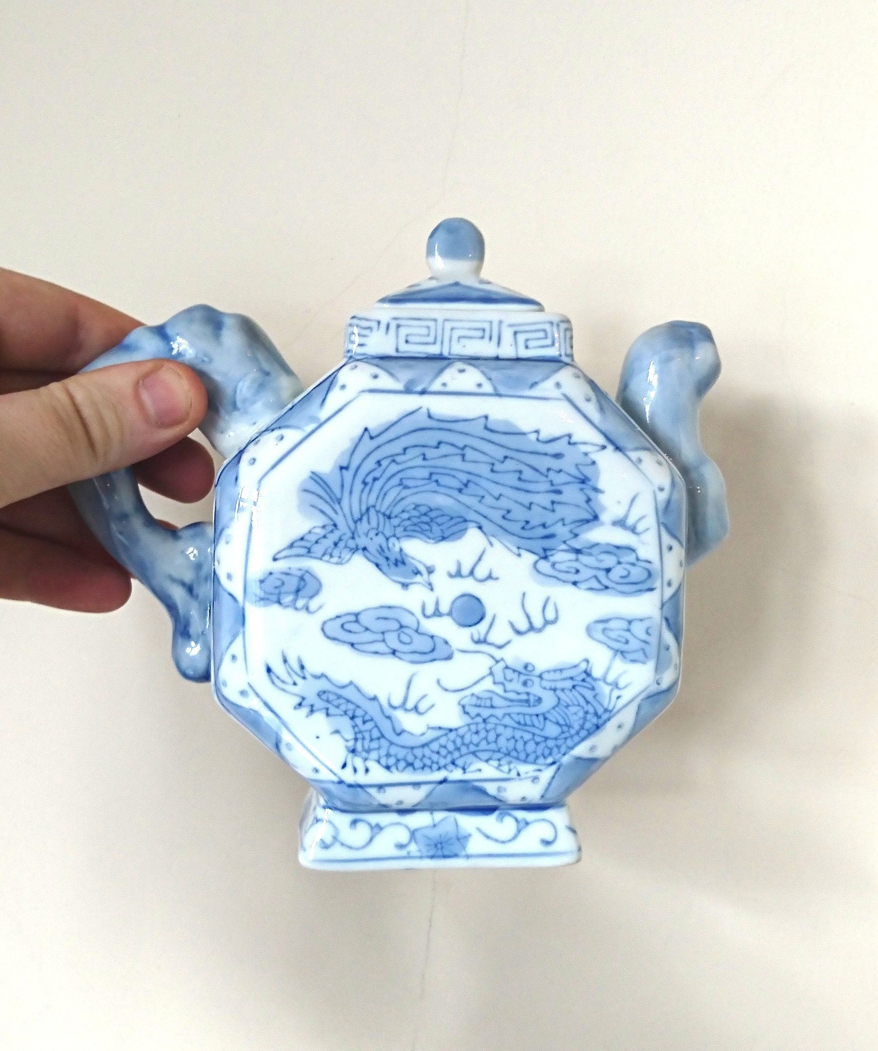 Vintage Blue & White Dragon Teapot, Oriental Ceramic Tea