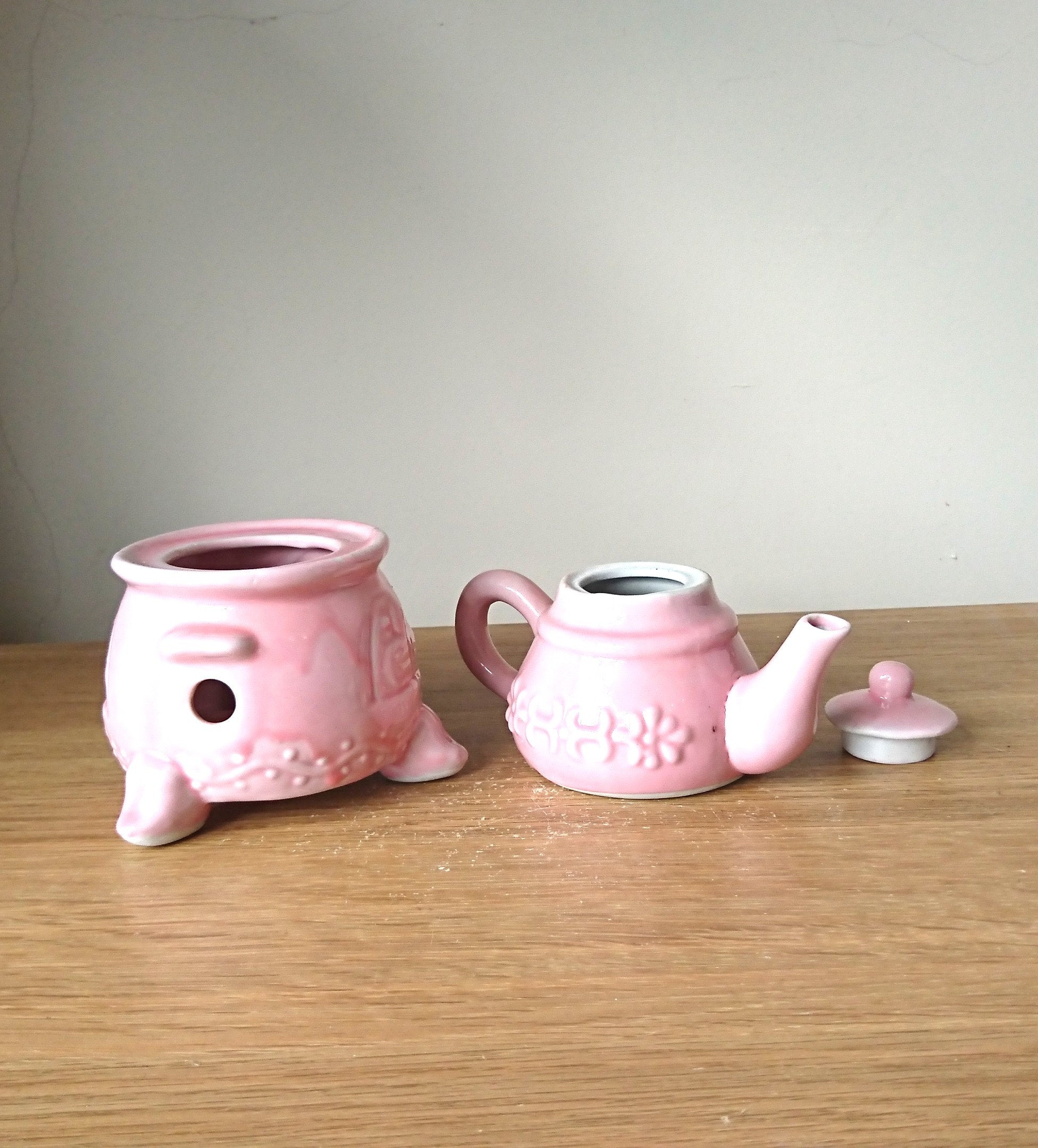 Vintage Pink Chinese Teapot Pair with Footed Stand, Kitsch Ceramic Decor