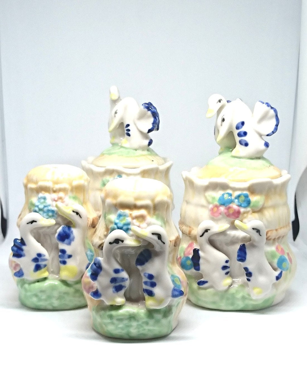 Vintage Duck Salt and Pepper Shakers with Matching Jars
