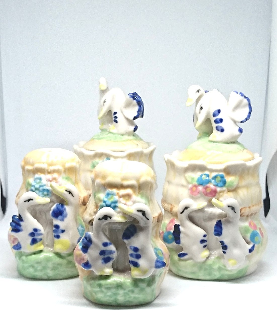 Vintage Duck Salt and Pepper Shakers with Matching Jars