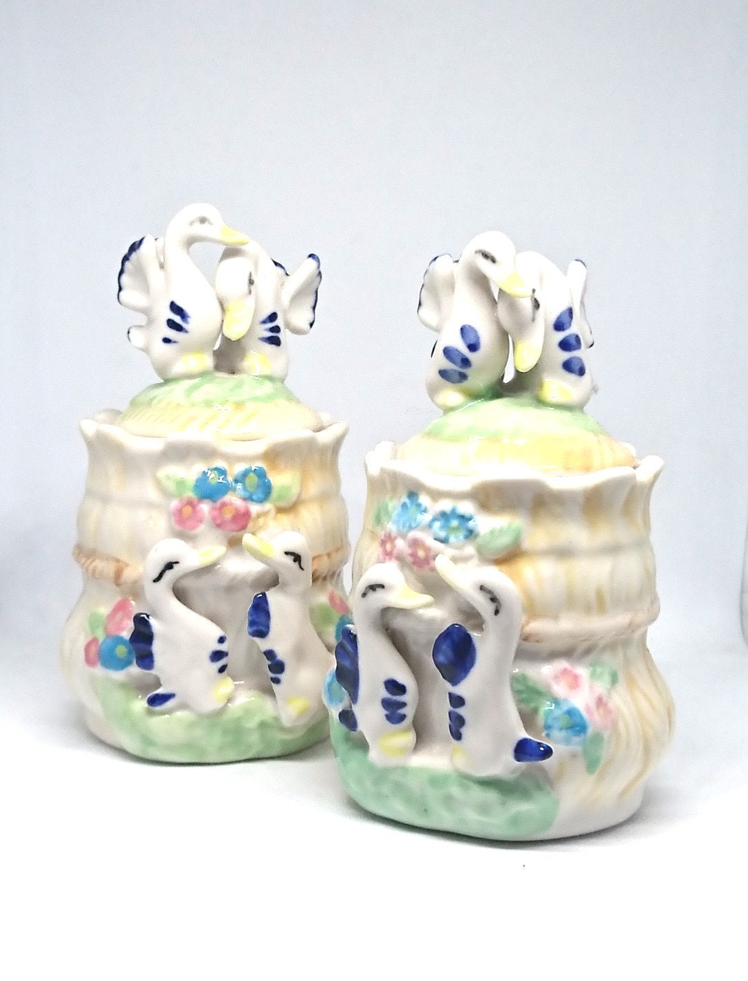 Vintage Duck Salt and Pepper Shakers with Matching Jars