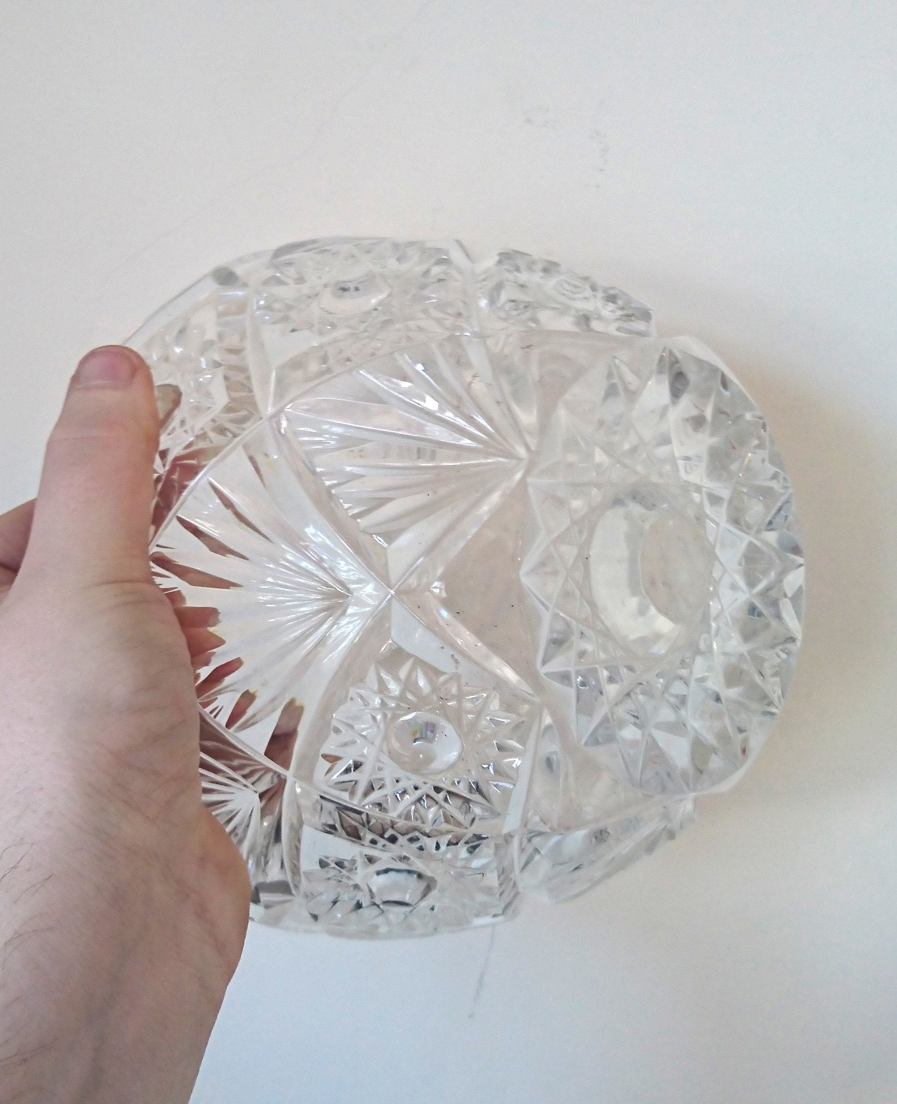 Vintage Heavy Crystal Glass Fruit Bowl, Floral Sunburst Pattern