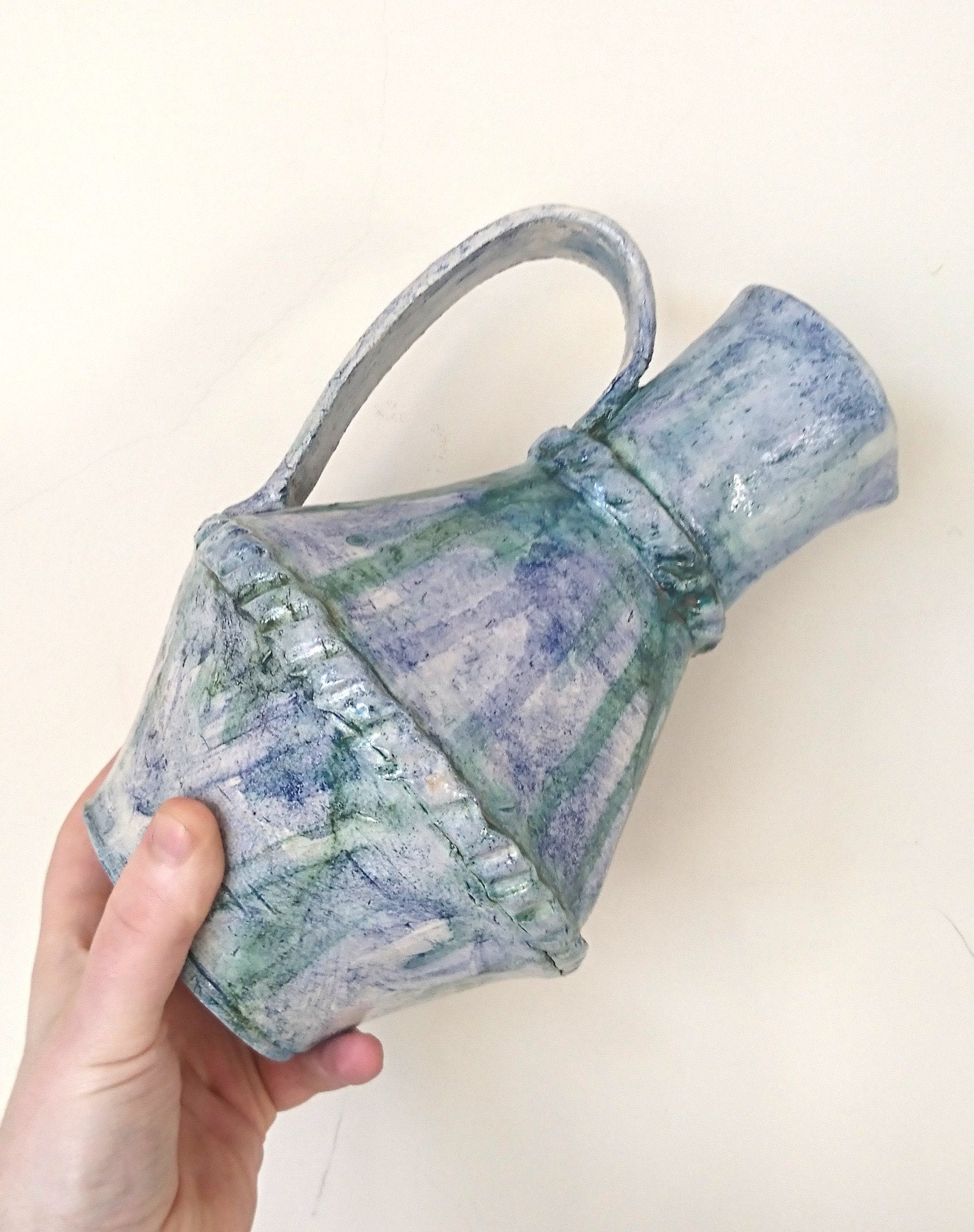 Hand Crafted Pottery Jug Vase, Rustic Blue Green Glazed Decor