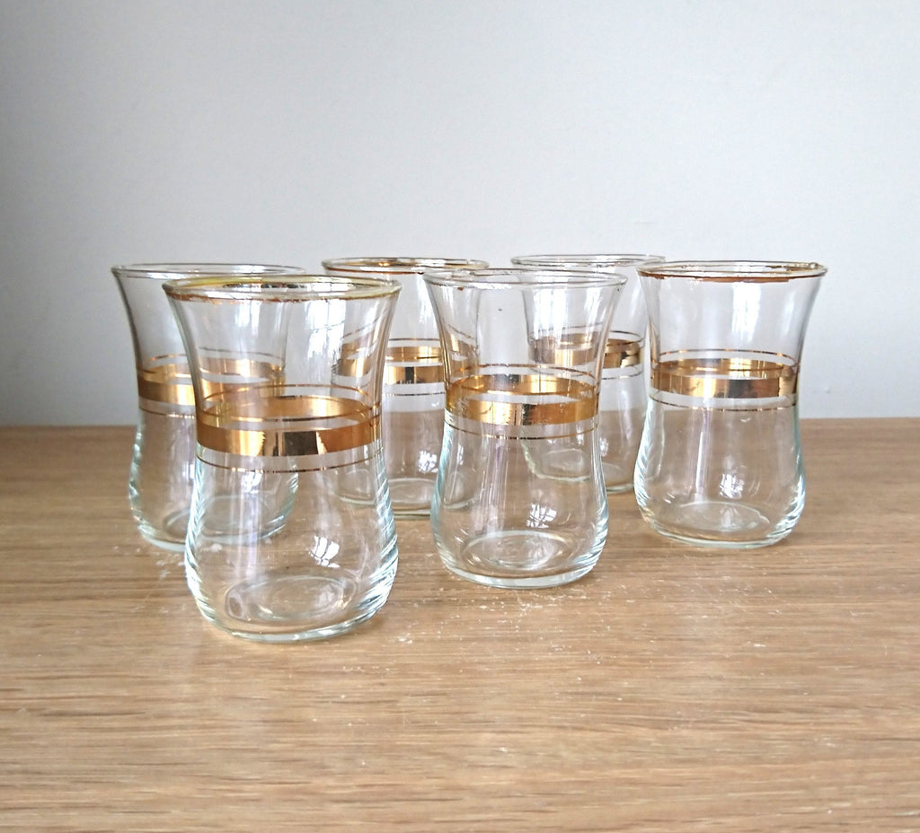 Vintage Shot Glasses with Dish set of 6 Gold Gilt Liqueur Shooters Vintage Barware