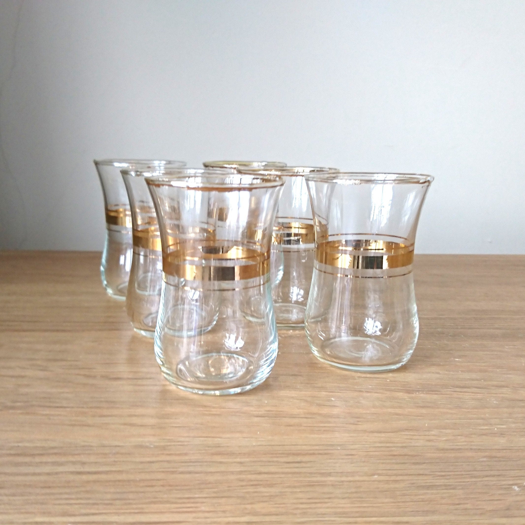 Vintage Shot Glasses with Dish set of 6 Gold Gilt Liqueur Shooters Vintage Barware