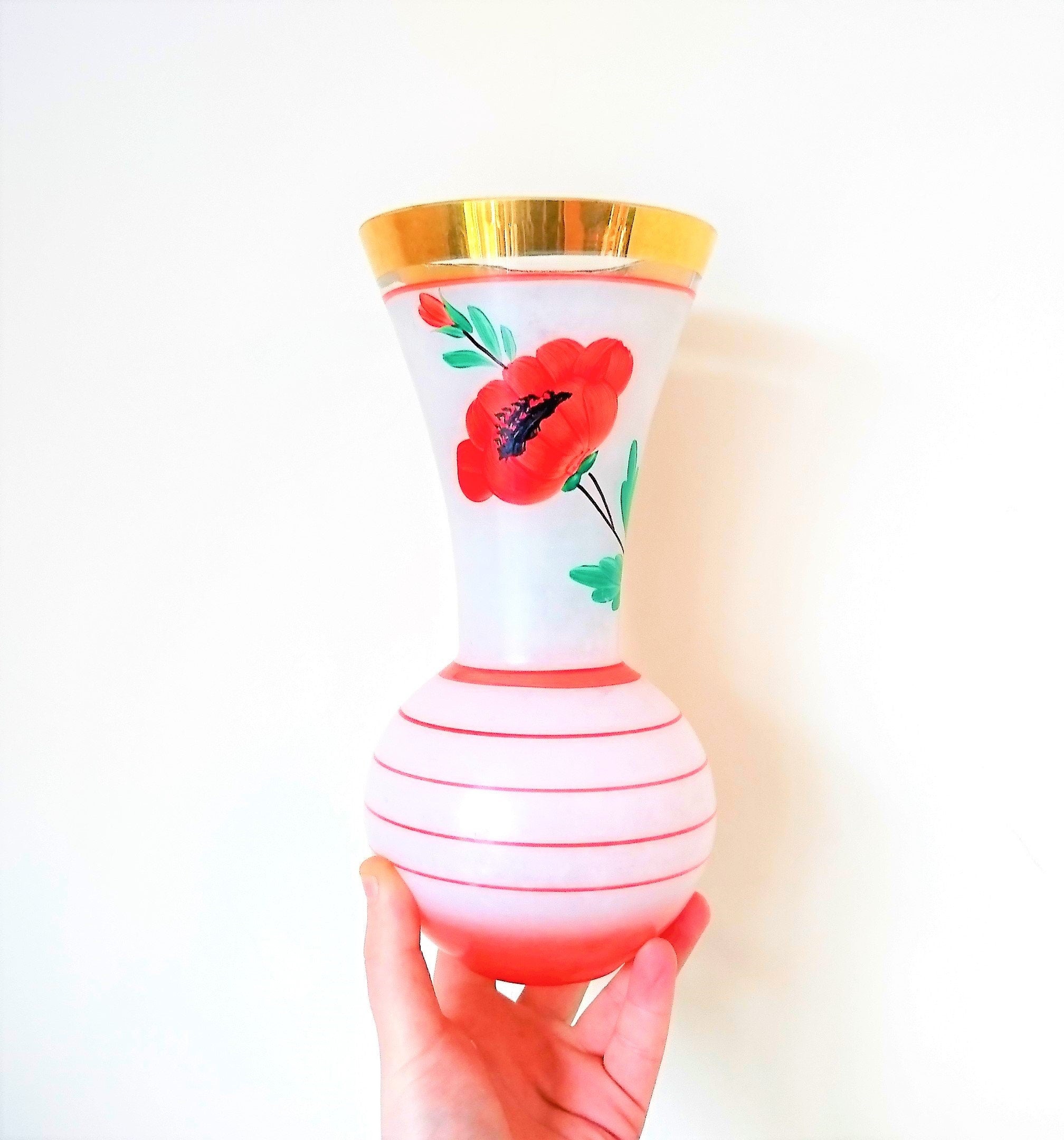 Vintage Floral Glass Vase 1950's Gold Gilt Poppy Vase