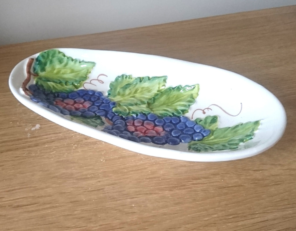 Vintage Italian Ceramic Glazed Dish Serving Dish Hand Painted Fruit and Leaves