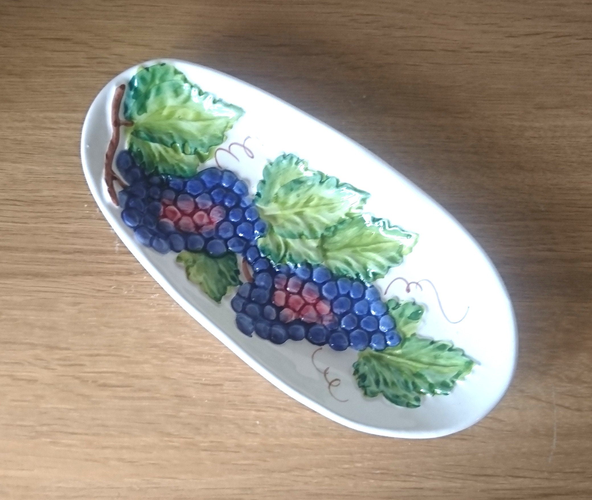 Vintage Italian Ceramic Glazed Dish Serving Dish Hand Painted Fruit and Leaves