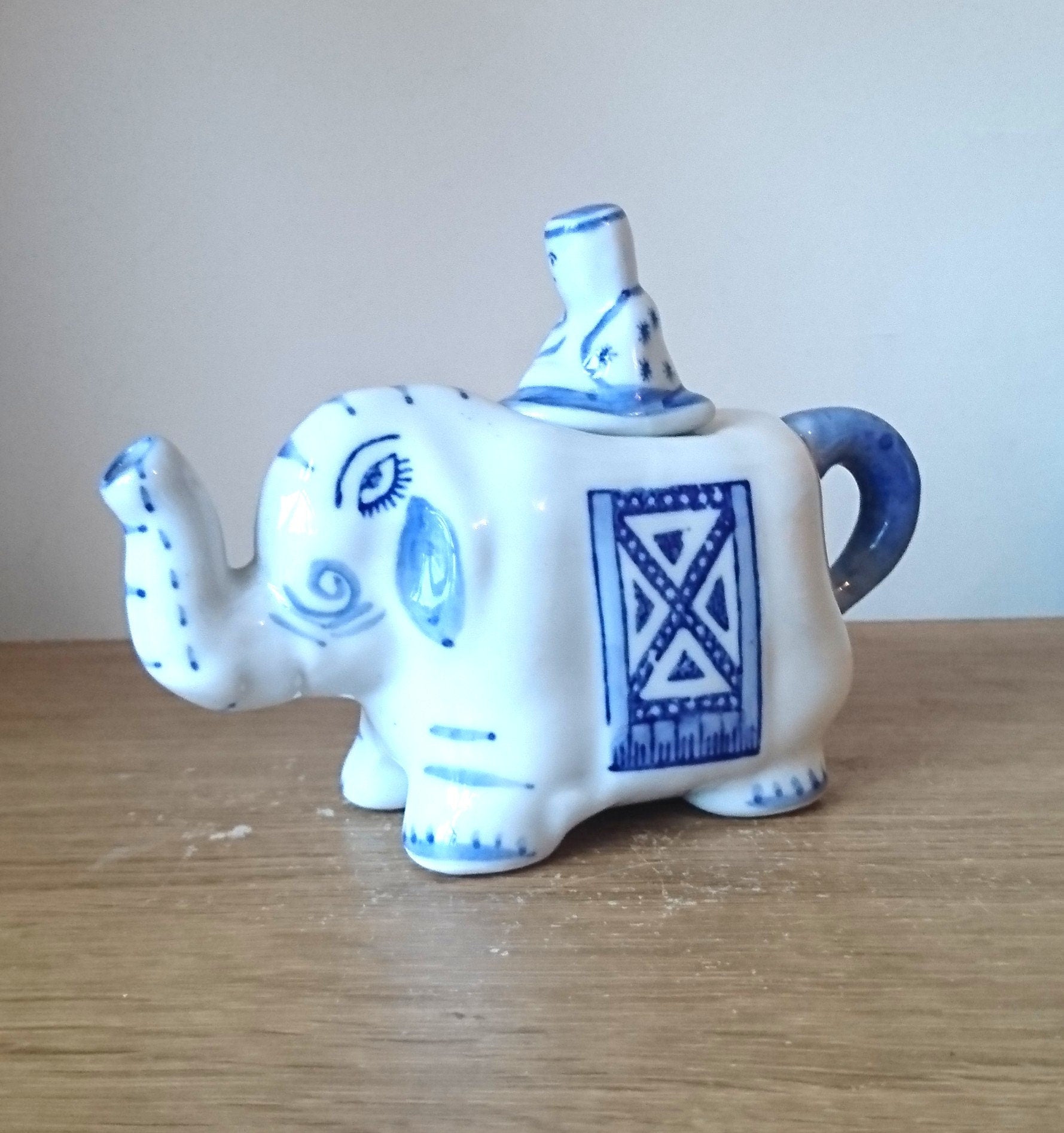 Vintage Blue and White Elephant Decorative Asian Elephant Novelty Ornamental Teapot Signed Ceramic