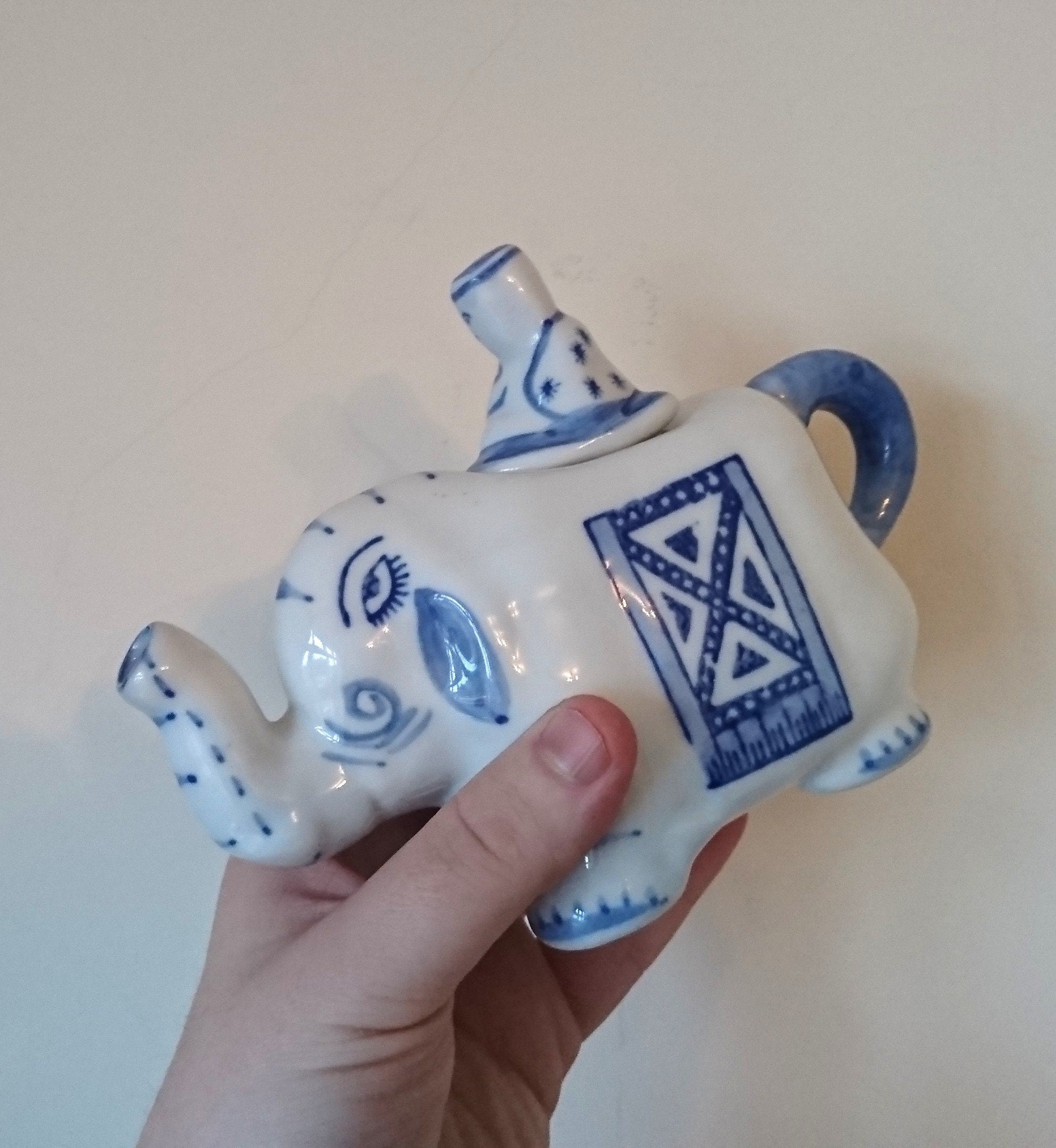 Vintage Blue and White Elephant Decorative Asian Elephant Novelty Ornamental Teapot Signed Ceramic
