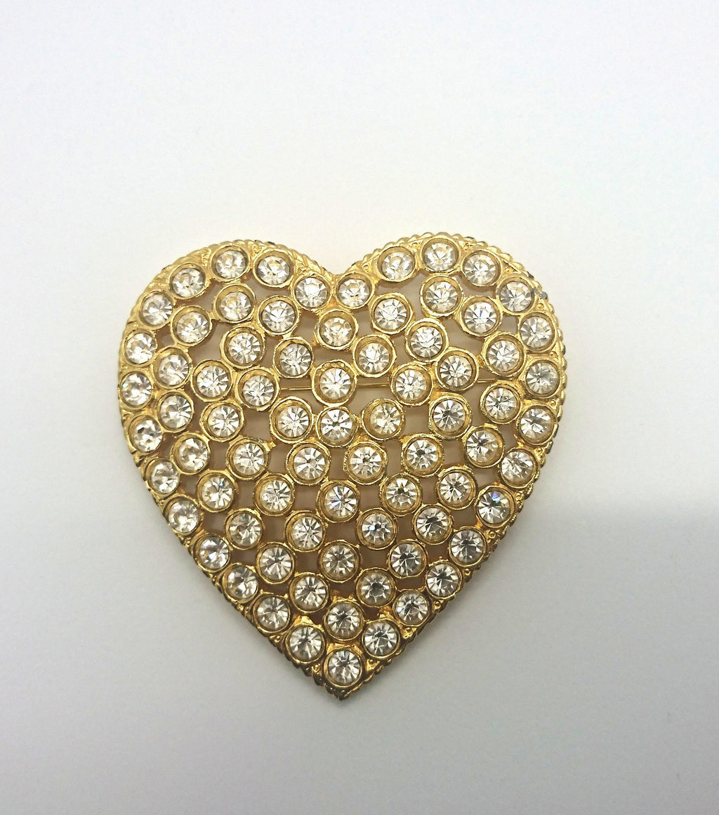 Vintage Gold Tone Heart Brooch, Rhinestone Crystal Diamante Jewelry