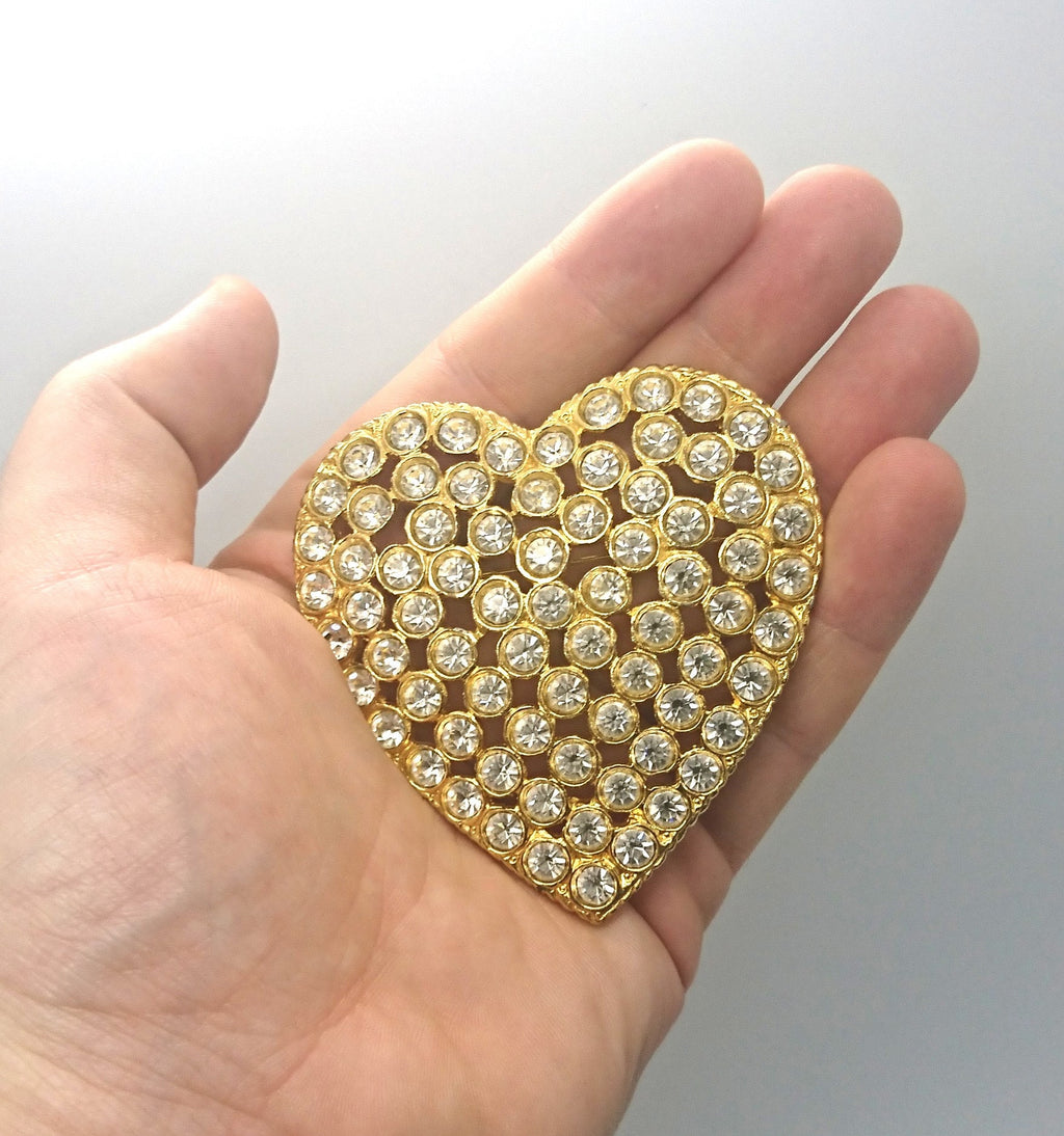 Vintage Gold Tone Heart Brooch, Rhinestone Crystal Diamante Jewelry