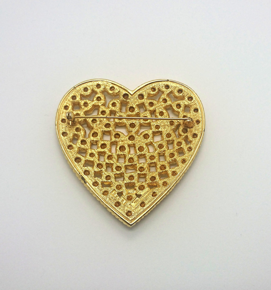 Vintage Gold Tone Heart Brooch, Rhinestone Crystal Diamante Jewelry