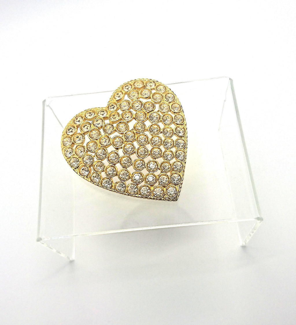 Vintage Gold Tone Heart Brooch, Rhinestone Crystal Diamante Jewelry
