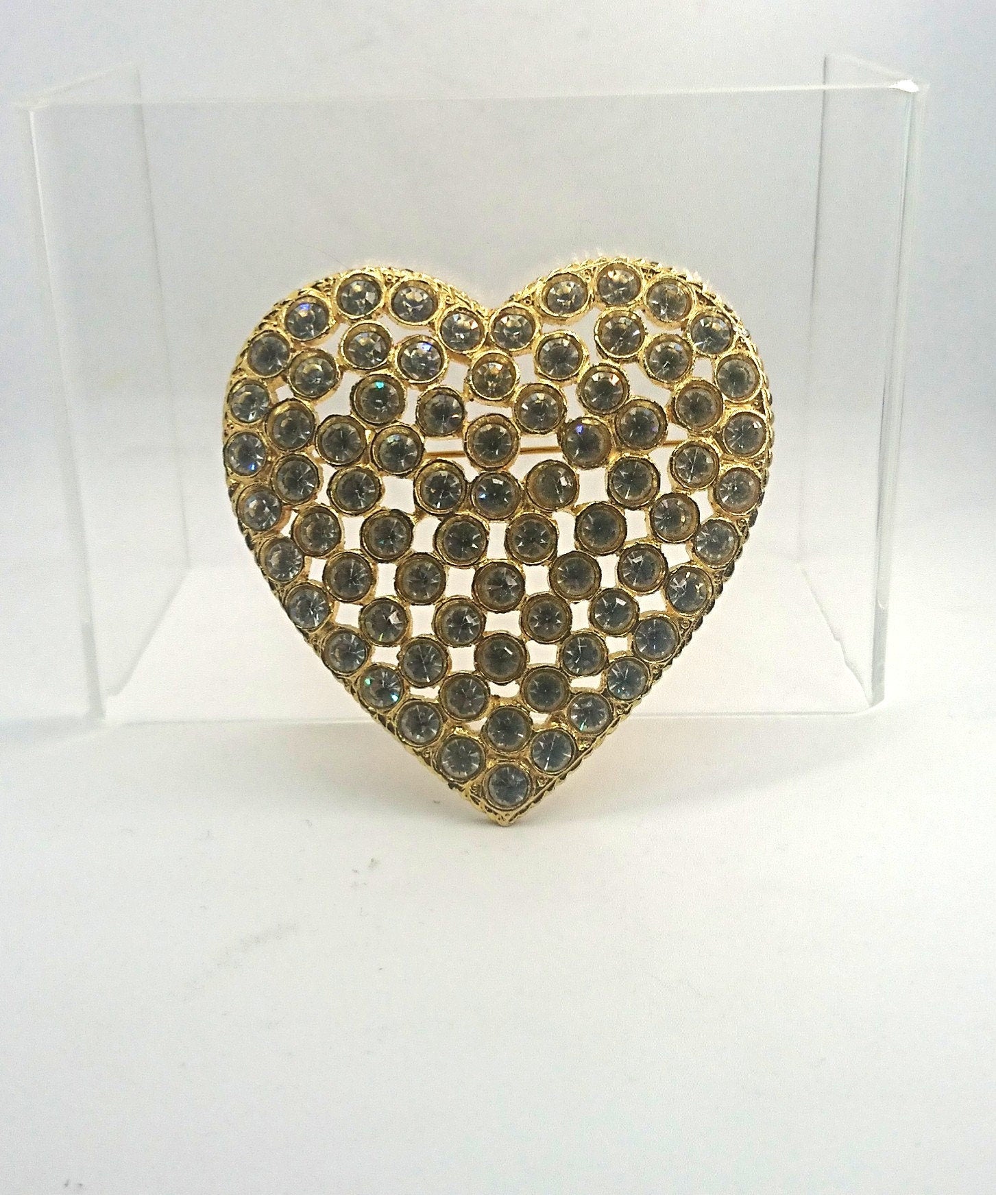 Vintage Gold Tone Heart Brooch, Rhinestone Crystal Diamante Jewelry