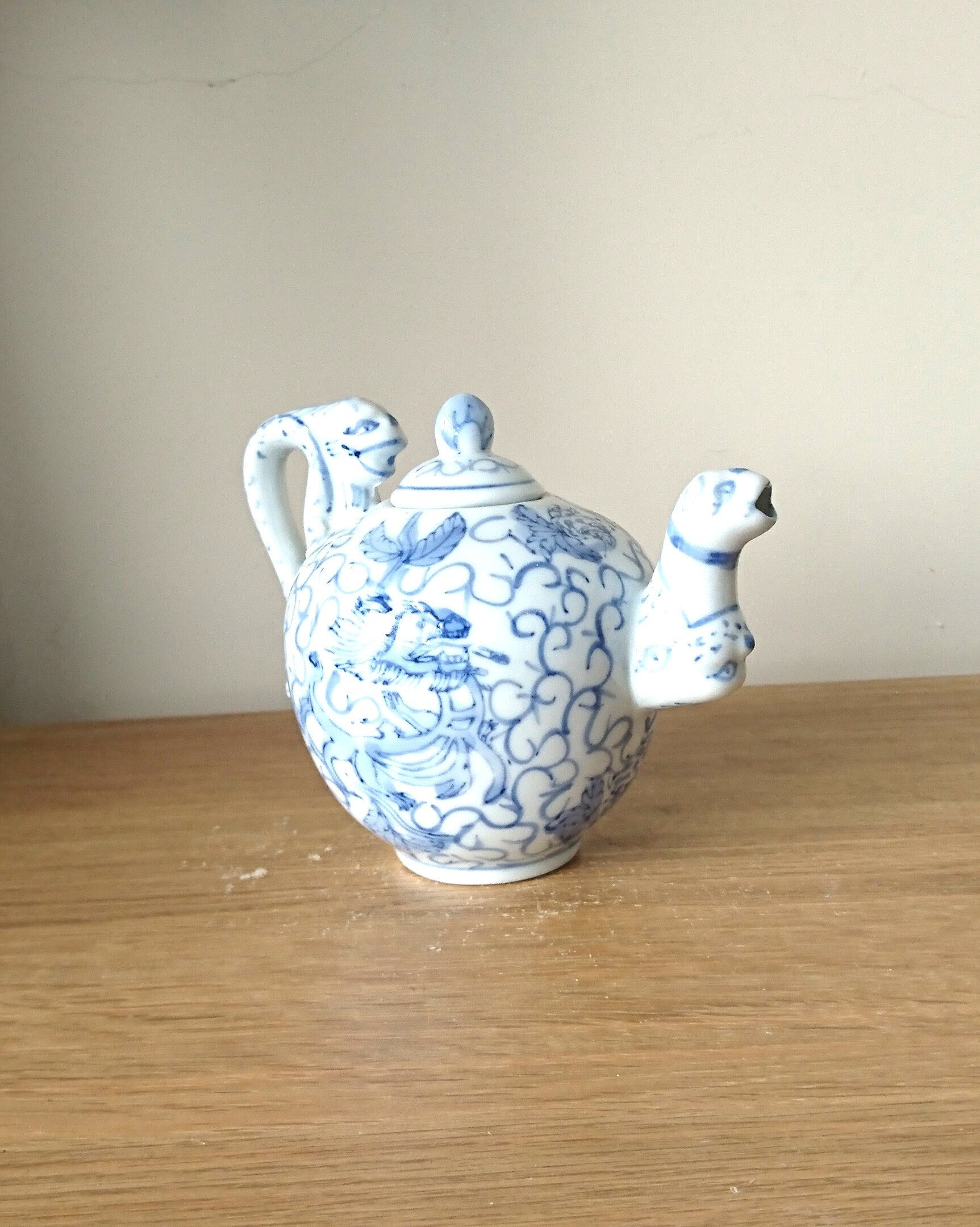 Vintage Blue and White Chinese Dragon Teapot, Hand-Painted Porcelain