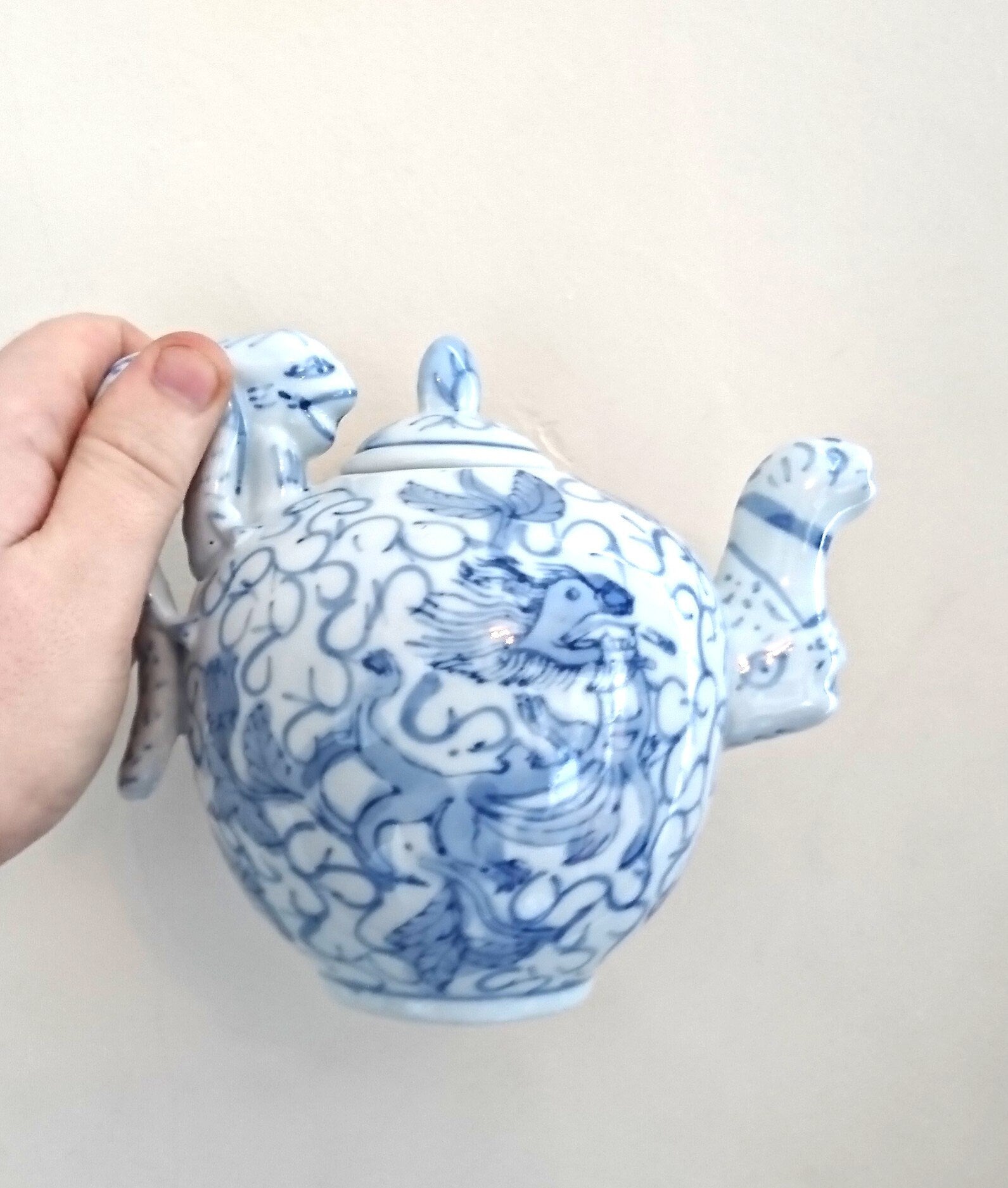 Vintage Blue and White Chinese Dragon Teapot, Hand-Painted Porcelain