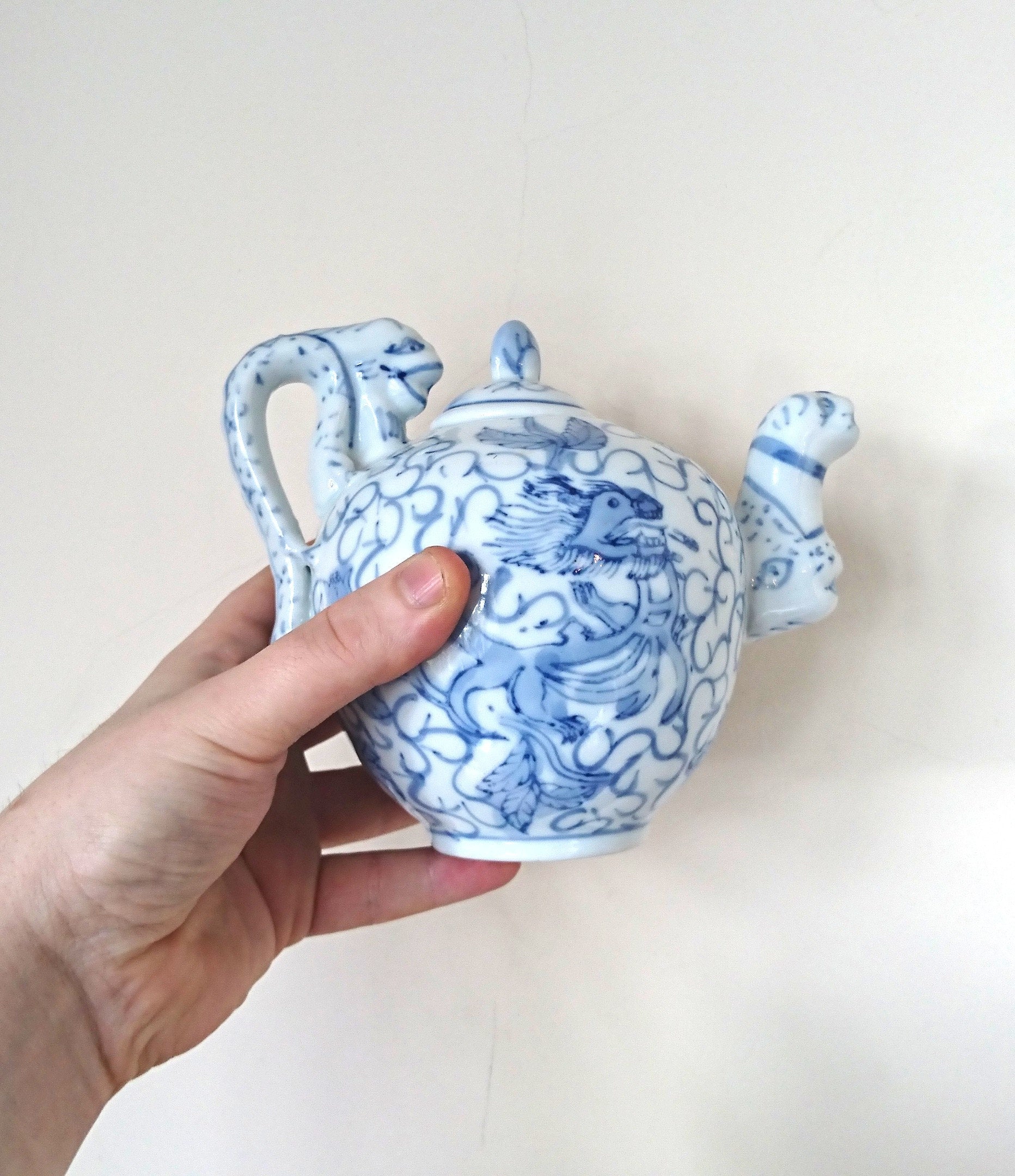 Vintage Blue and White Chinese Dragon Teapot, Hand-Painted Porcelain
