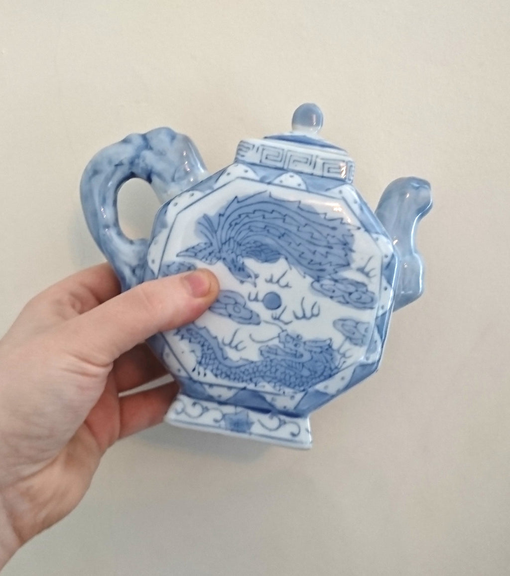 Vintage Blue & White Dragon Teapot, Oriental Ceramic Tea