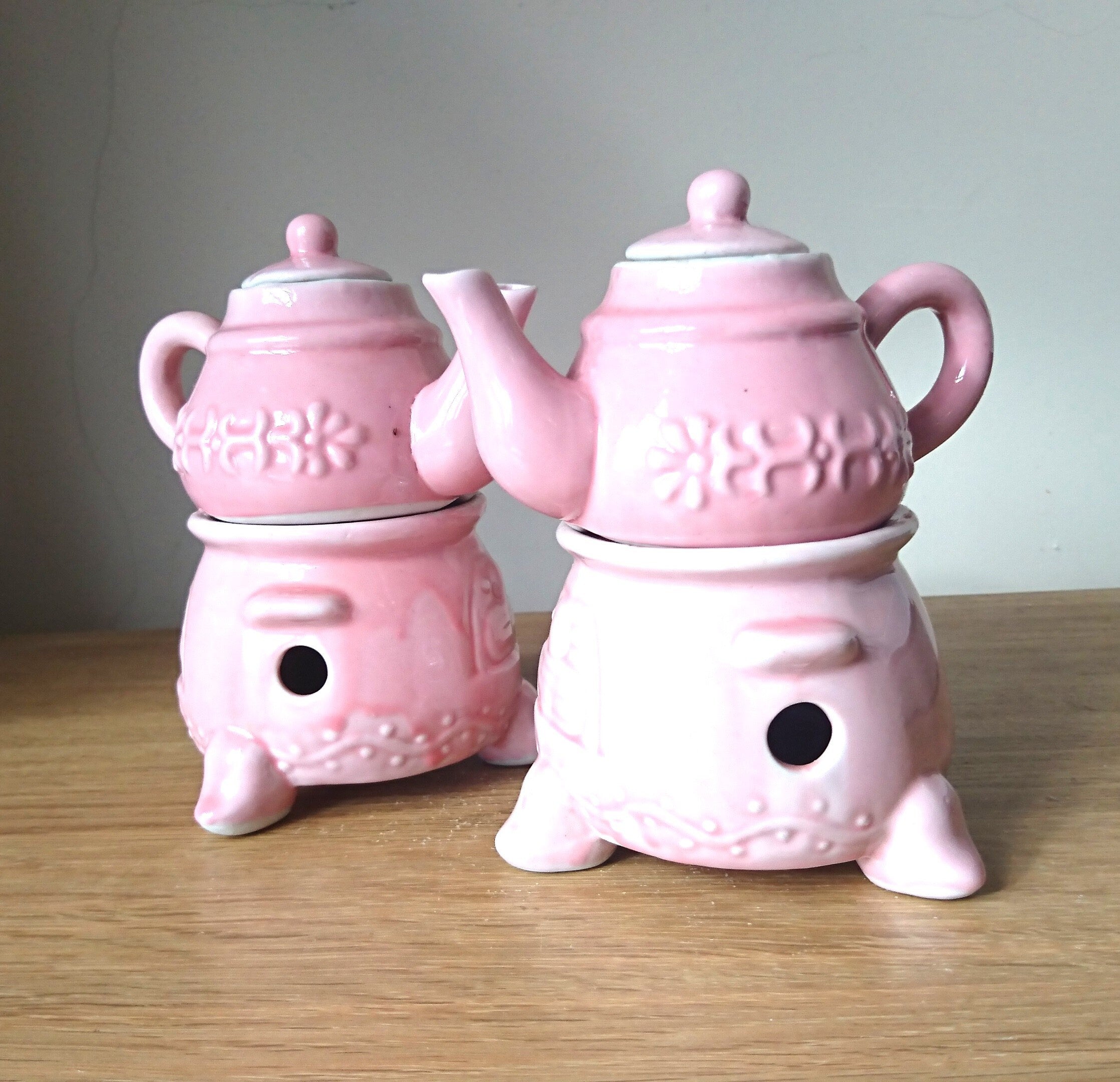 Vintage Pink Chinese Teapot Pair with Footed Stand, Kitsch Ceramic Decor