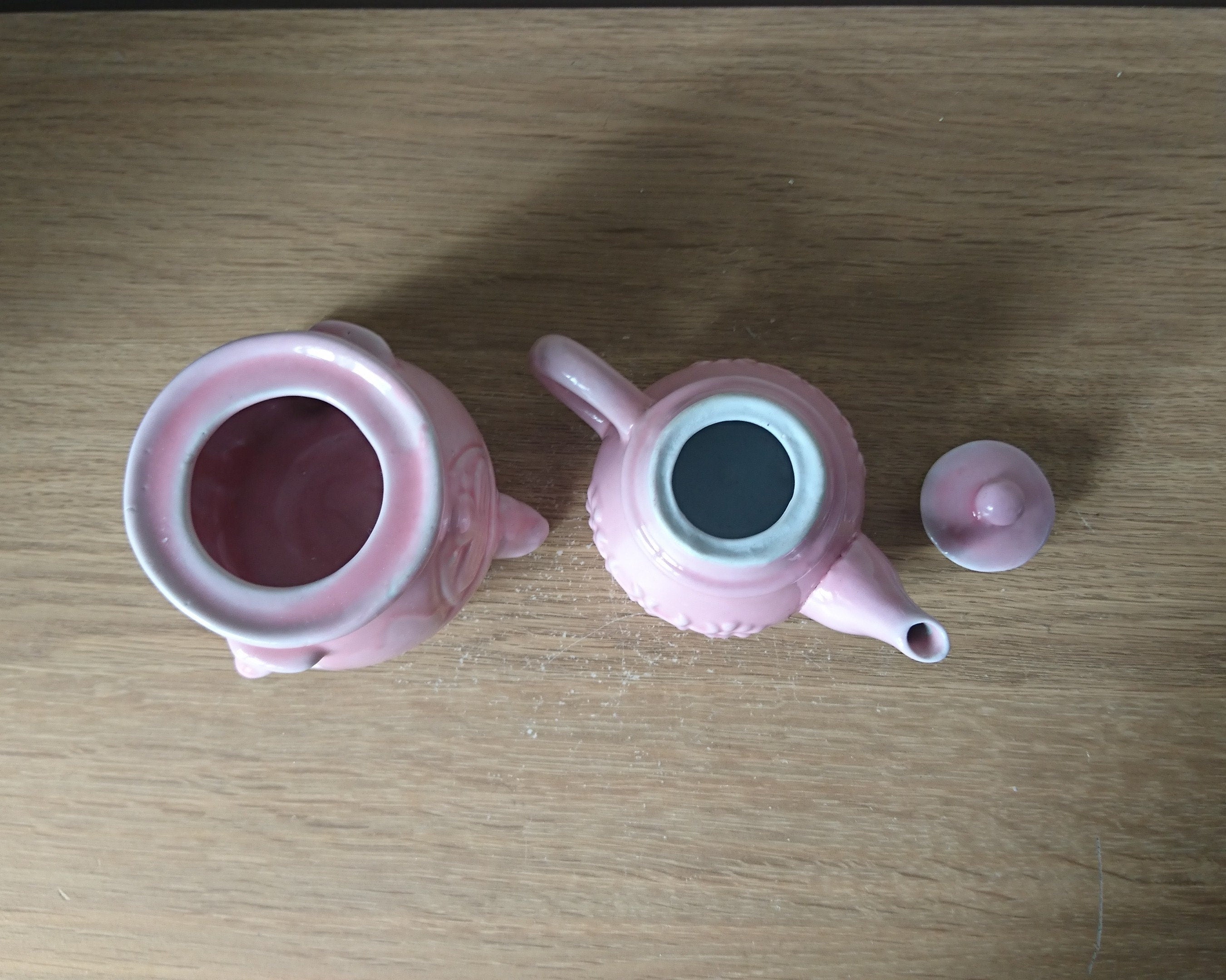 Vintage Pink Chinese Teapot Pair with Footed Stand, Kitsch Ceramic Decor