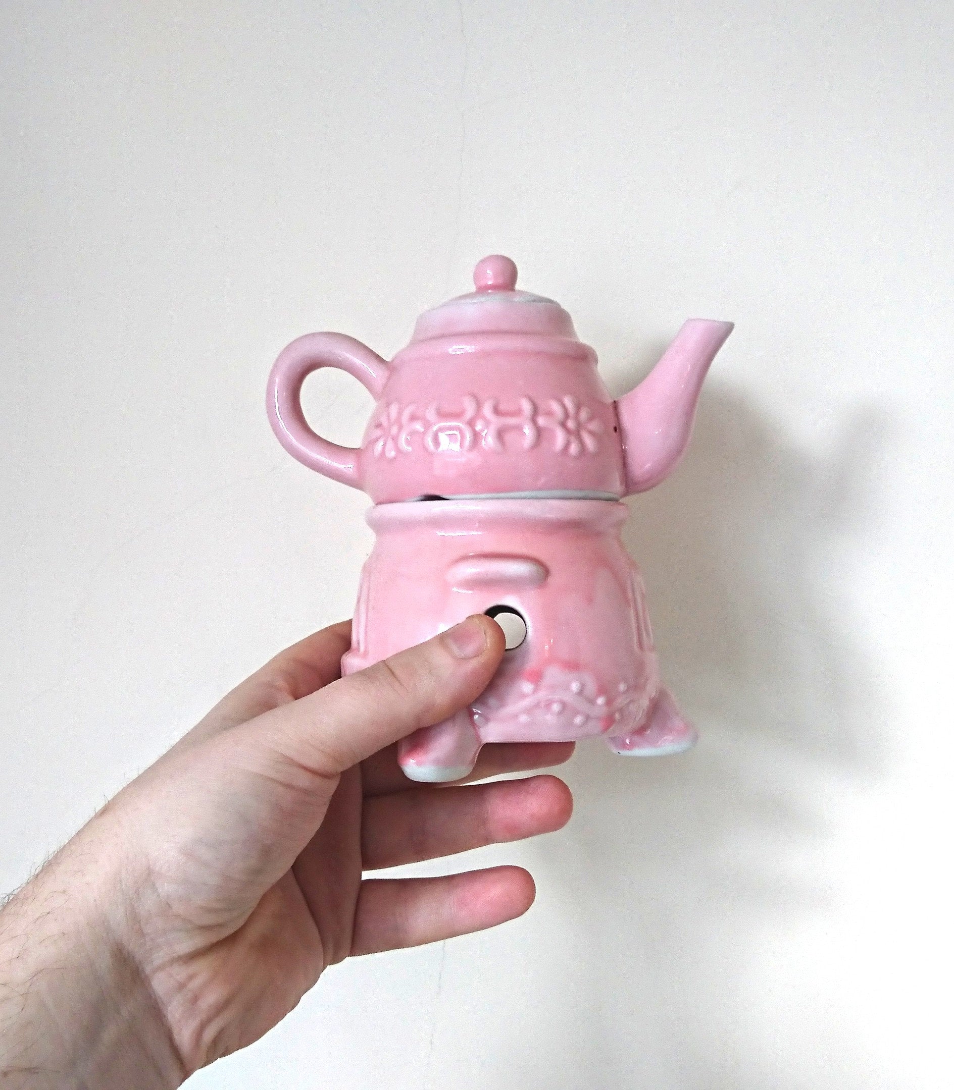 Vintage Pink Chinese Teapot Pair with Footed Stand, Kitsch Ceramic Decor