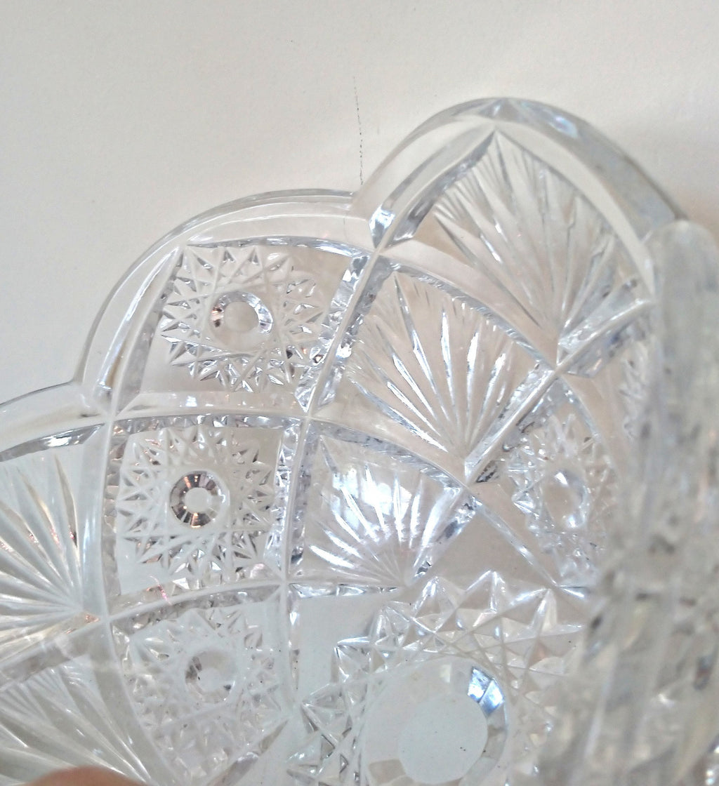 Vintage Heavy Crystal Glass Fruit Bowl, Floral Sunburst Pattern