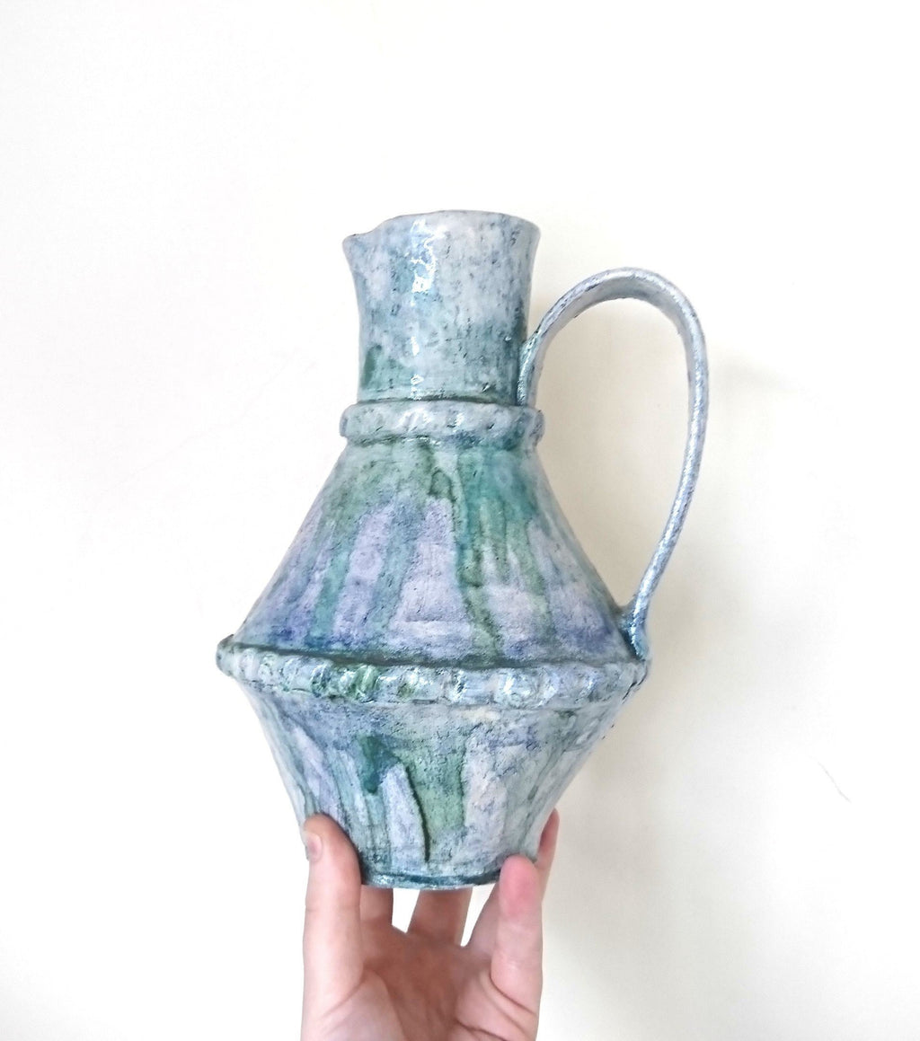 Hand Crafted Pottery Jug Vase, Rustic Blue Green Glazed Decor