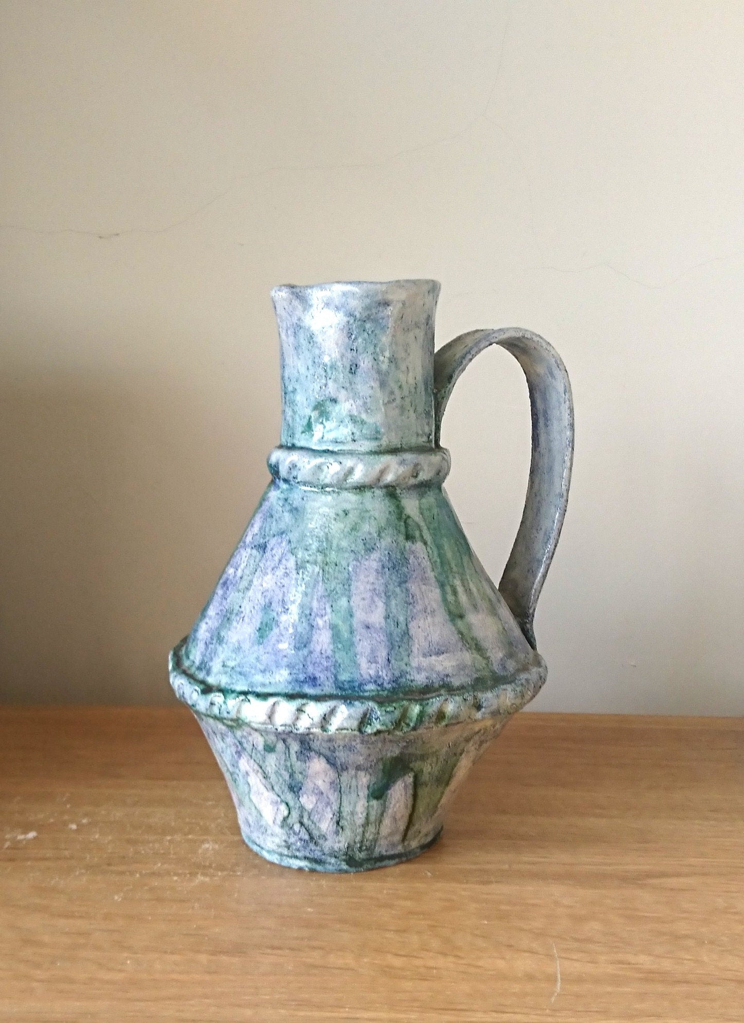 Hand Crafted Pottery Jug Vase, Rustic Blue Green Glazed Decor