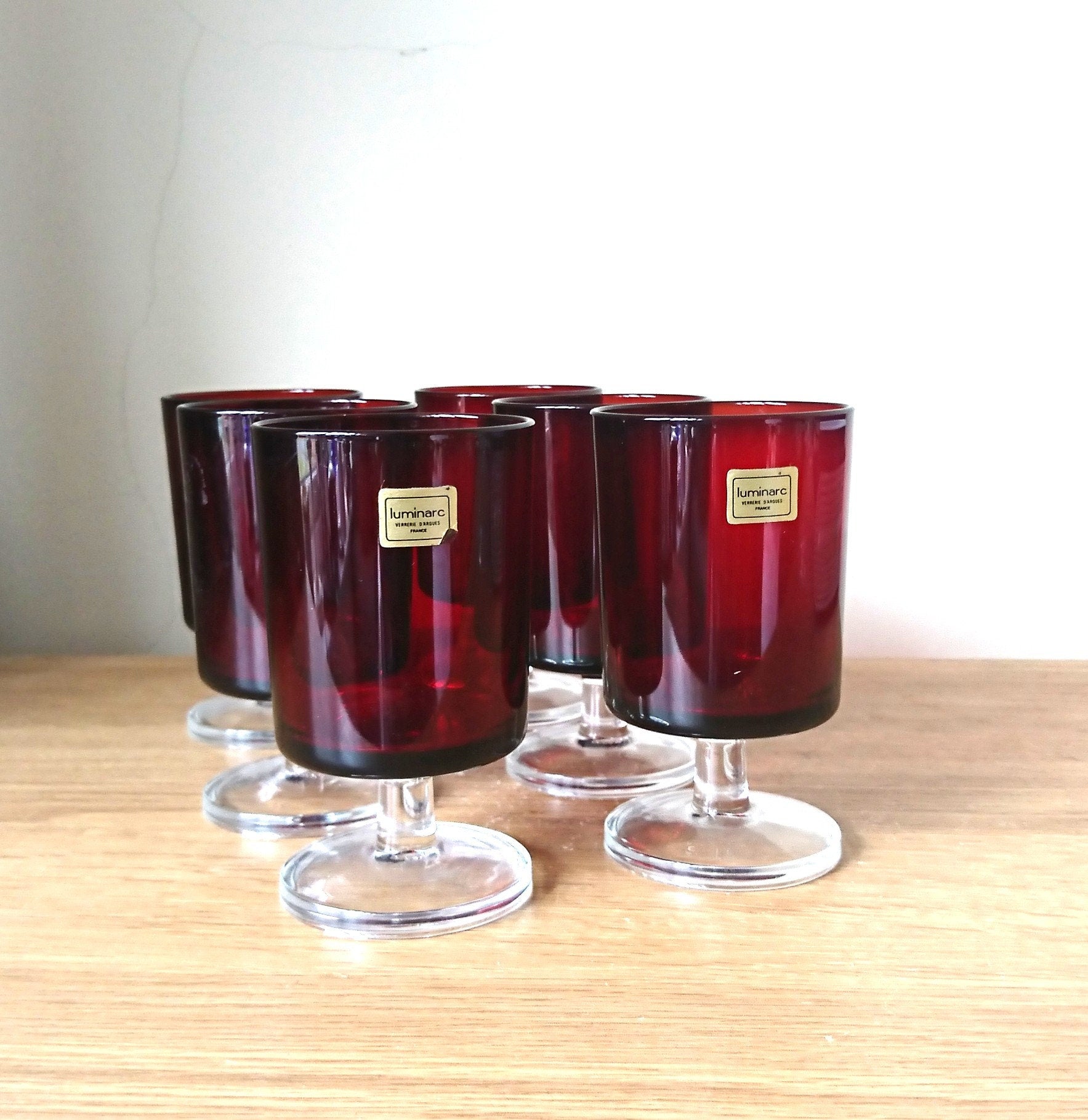 Vintage Arcoroc Luminarc Wine Glasses, Set of 6, Ruby Red French Glassware