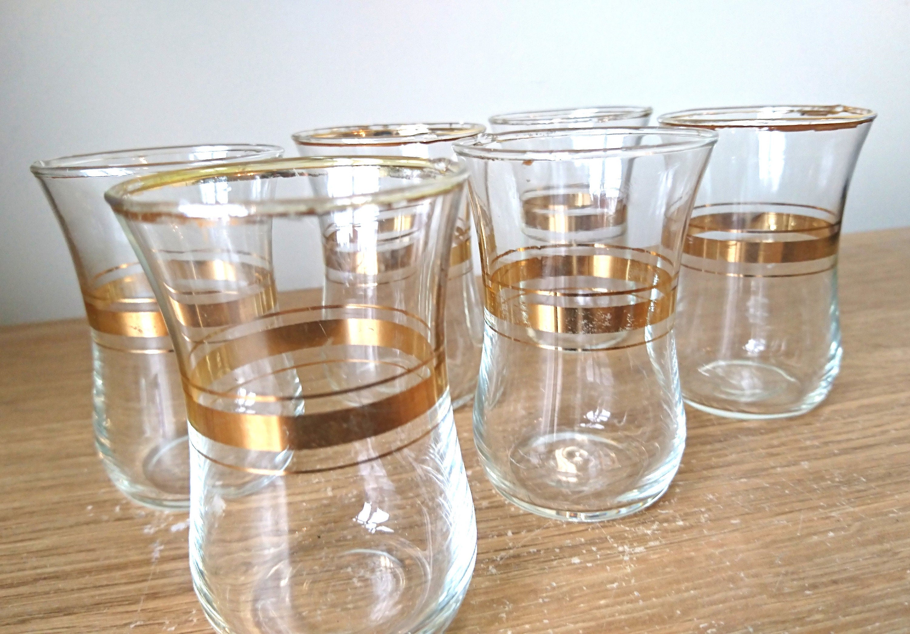 Vintage Shot Glasses with Dish set of 6 Gold Gilt Liqueur Shooters Vintage Barware