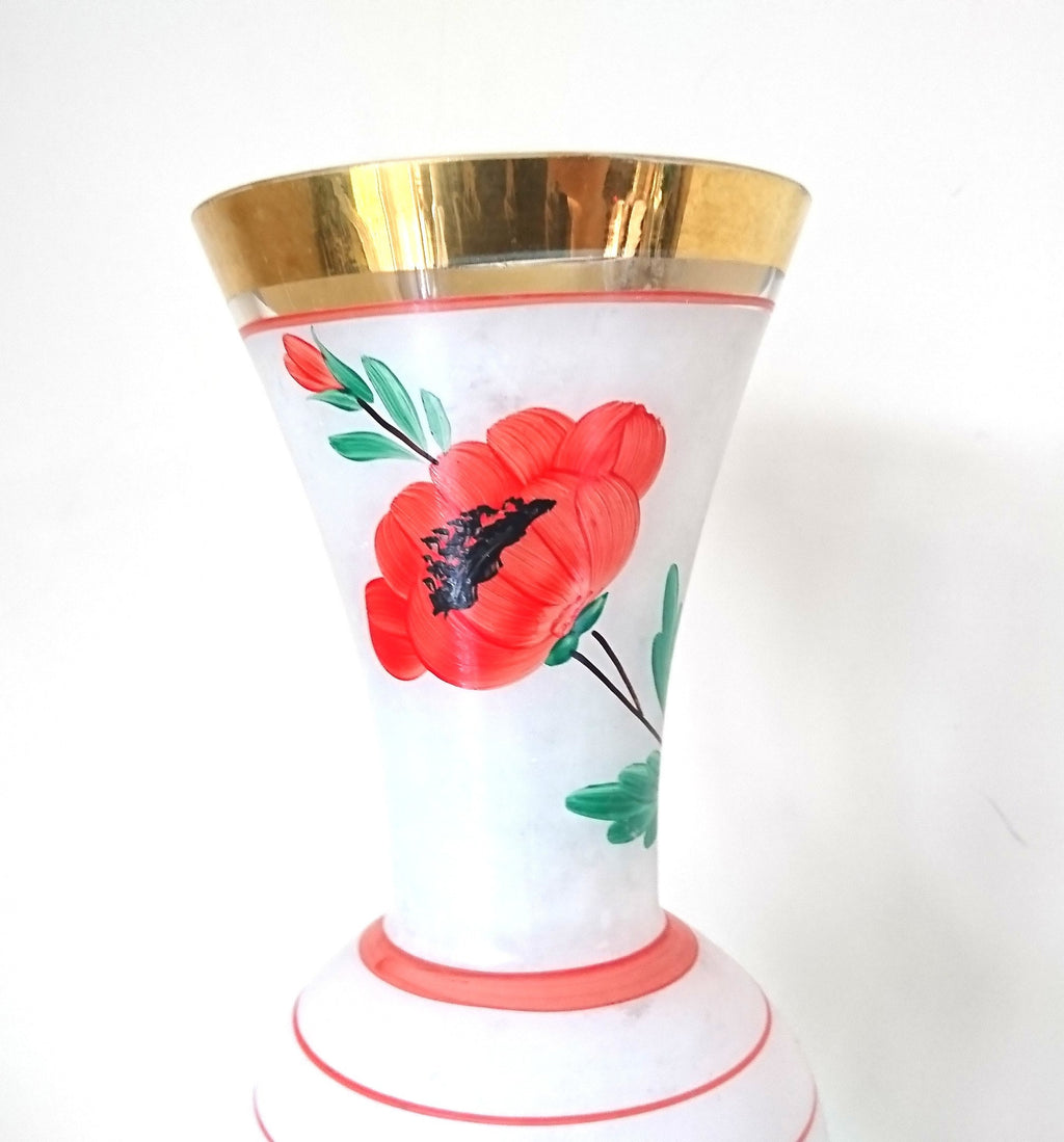 Vintage Floral Glass Vase 1950's Gold Gilt Poppy Vase