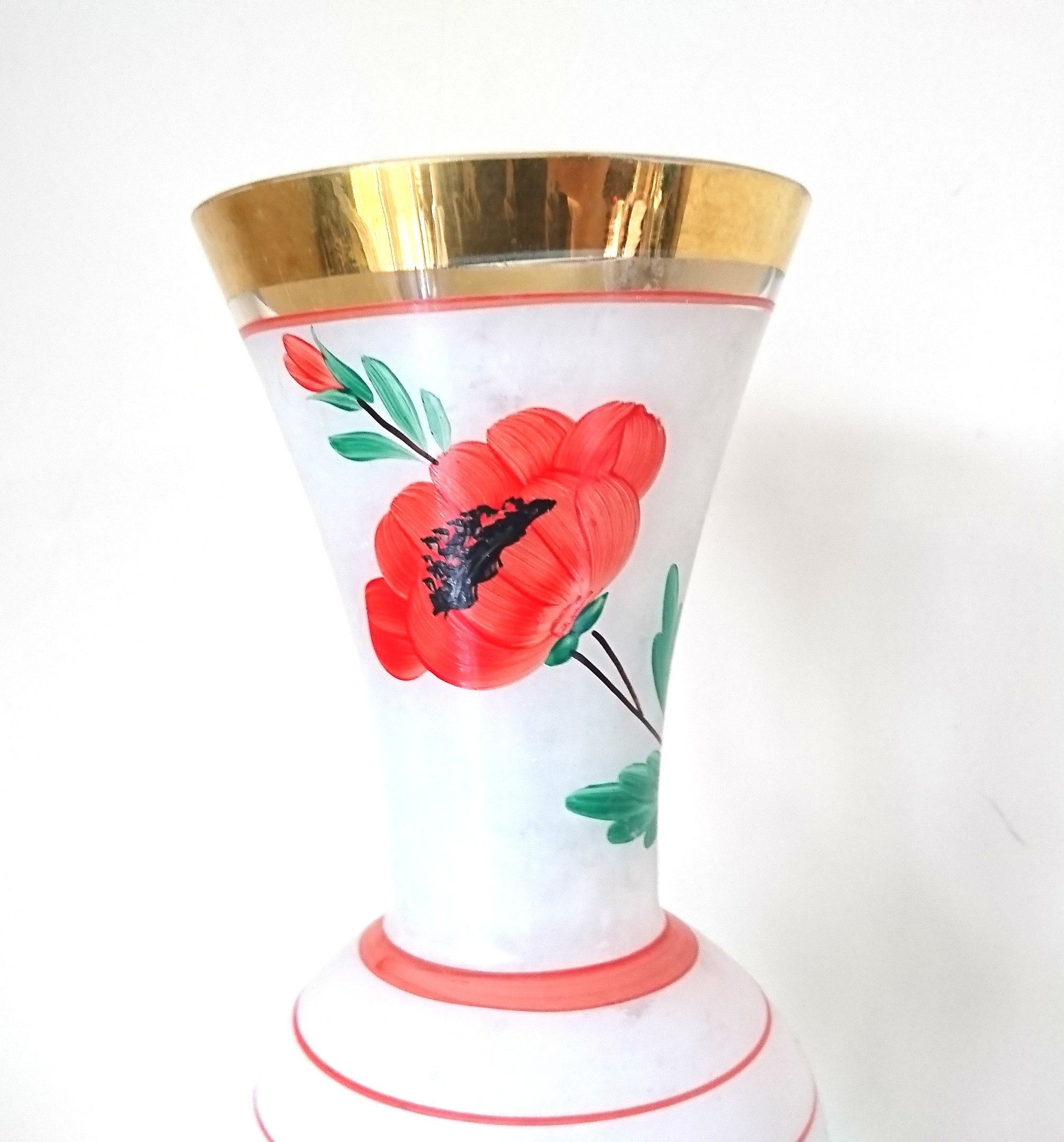 Vintage Floral Glass Vase 1950's Gold Gilt Poppy Vase