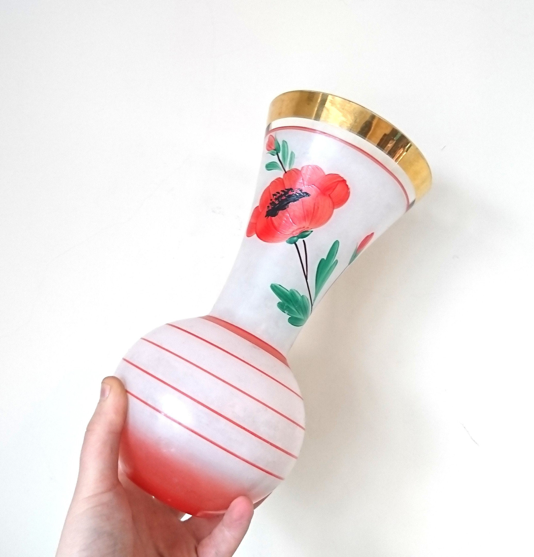 Vintage Floral Glass Vase 1950's Gold Gilt Poppy Vase