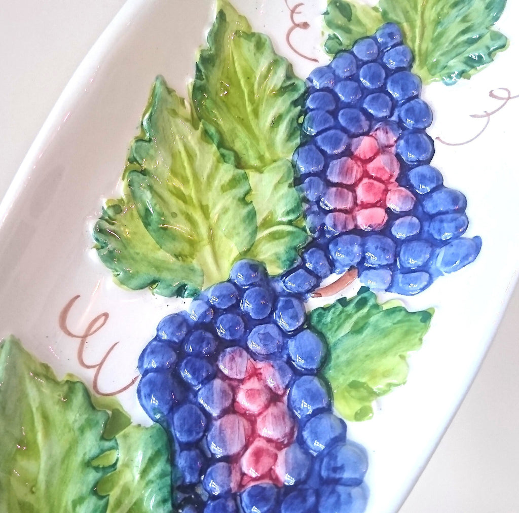 Vintage Italian Ceramic Glazed Dish Serving Dish Hand Painted Fruit and Leaves