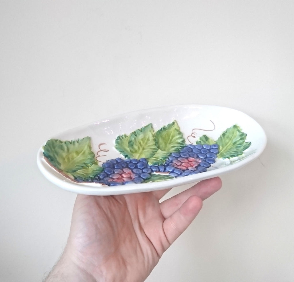 Vintage Italian Ceramic Glazed Dish Serving Dish Hand Painted Fruit and Leaves